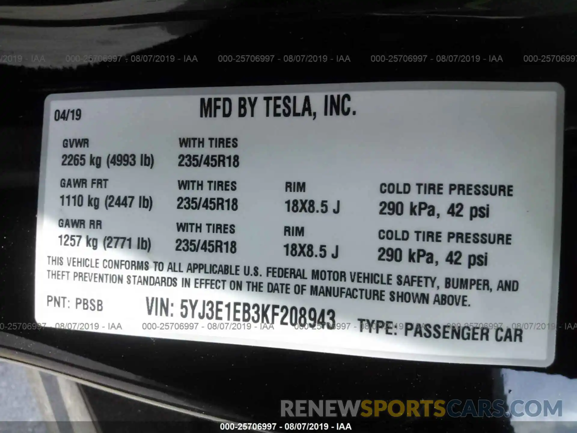 9 Фотография поврежденного автомобиля 5YJ3E1EB3KF208943 TESLA MODEL 3 2019