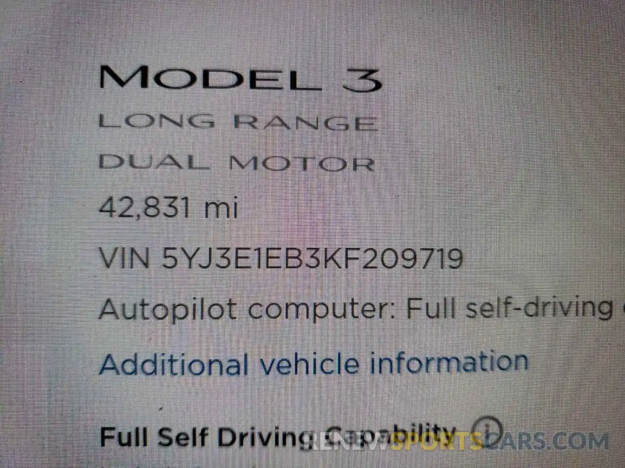 8 Фотография поврежденного автомобиля 5YJ3E1EB3KF209719 TESLA MODEL 3 2019