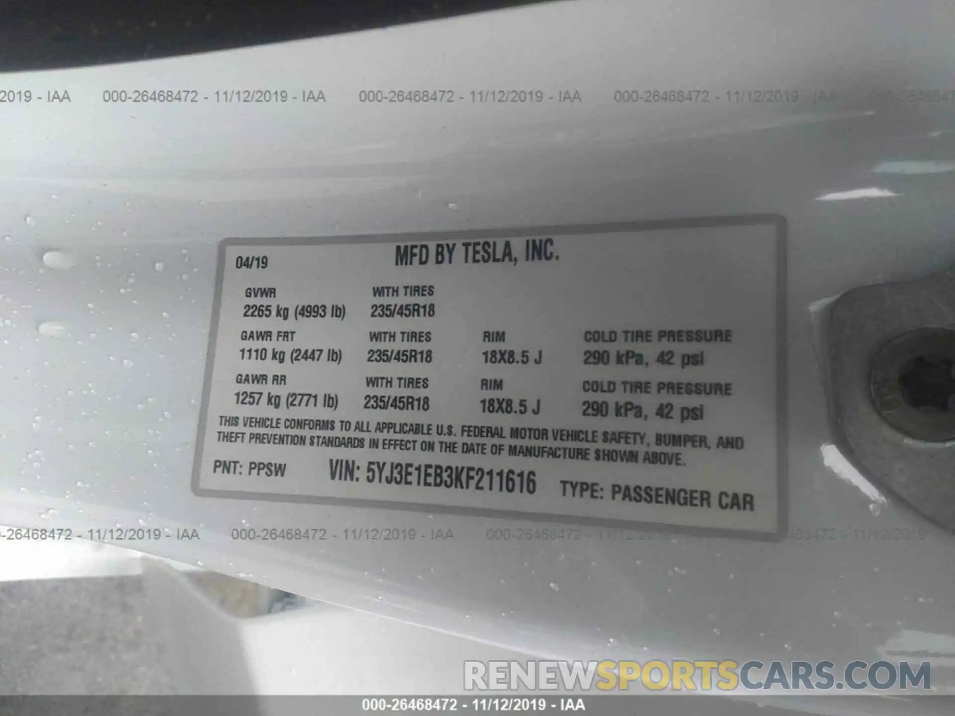 9 Photograph of a damaged car 5YJ3E1EB3KF211616 TESLA MODEL 3 2019