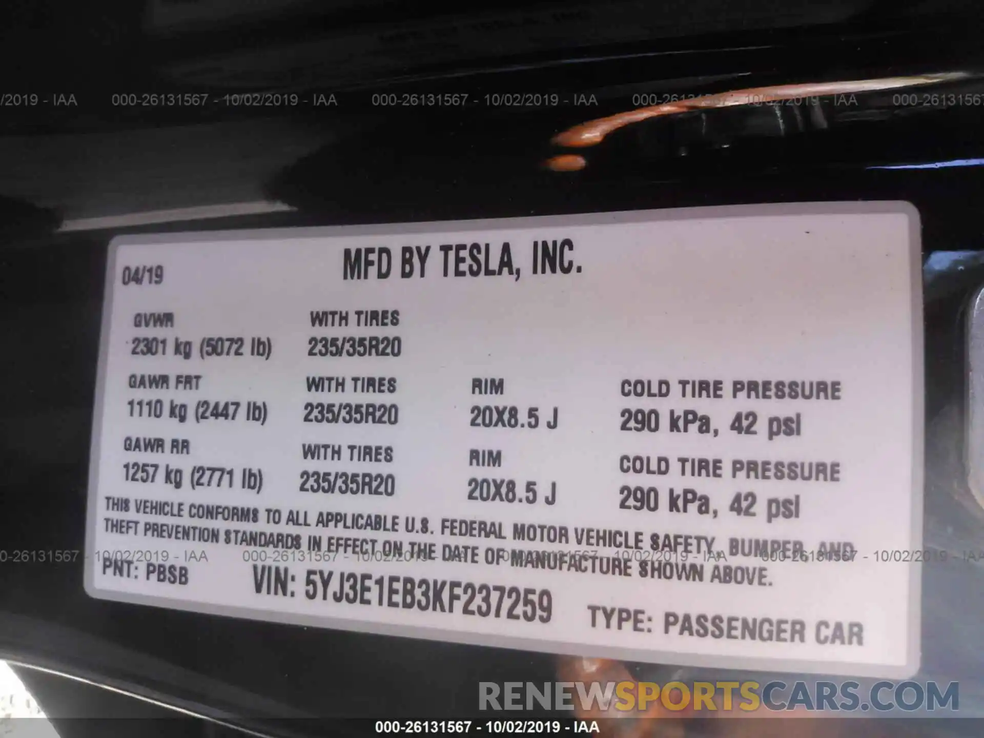 9 Photograph of a damaged car 5YJ3E1EB3KF237259 TESLA MODEL 3 2019