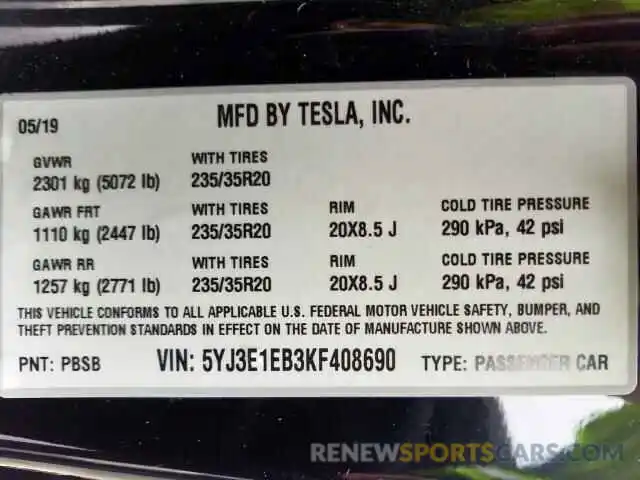 10 Photograph of a damaged car 5YJ3E1EB3KF408690 TESLA MODEL 3 2019