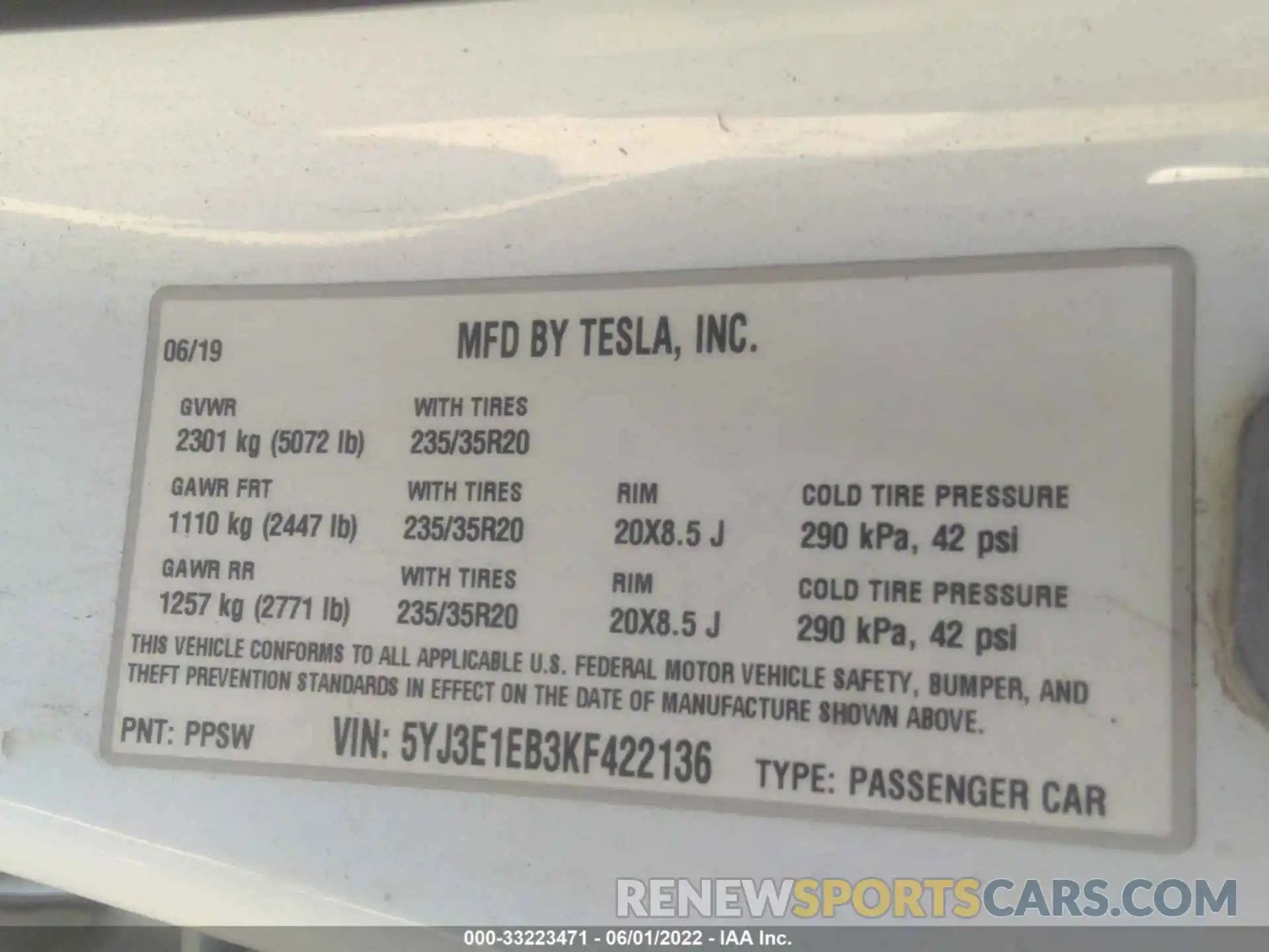 9 Photograph of a damaged car 5YJ3E1EB3KF422136 TESLA MODEL 3 2019