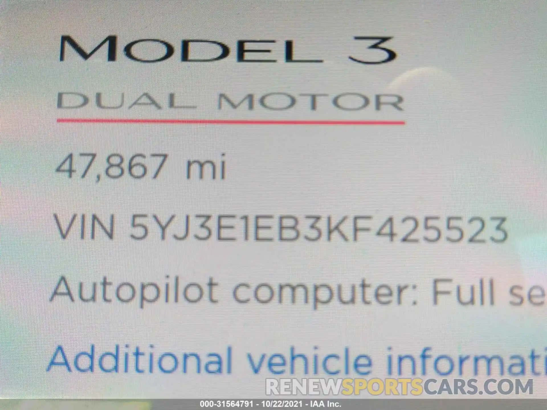 7 Фотография поврежденного автомобиля 5YJ3E1EB3KF425523 TESLA MODEL 3 2019