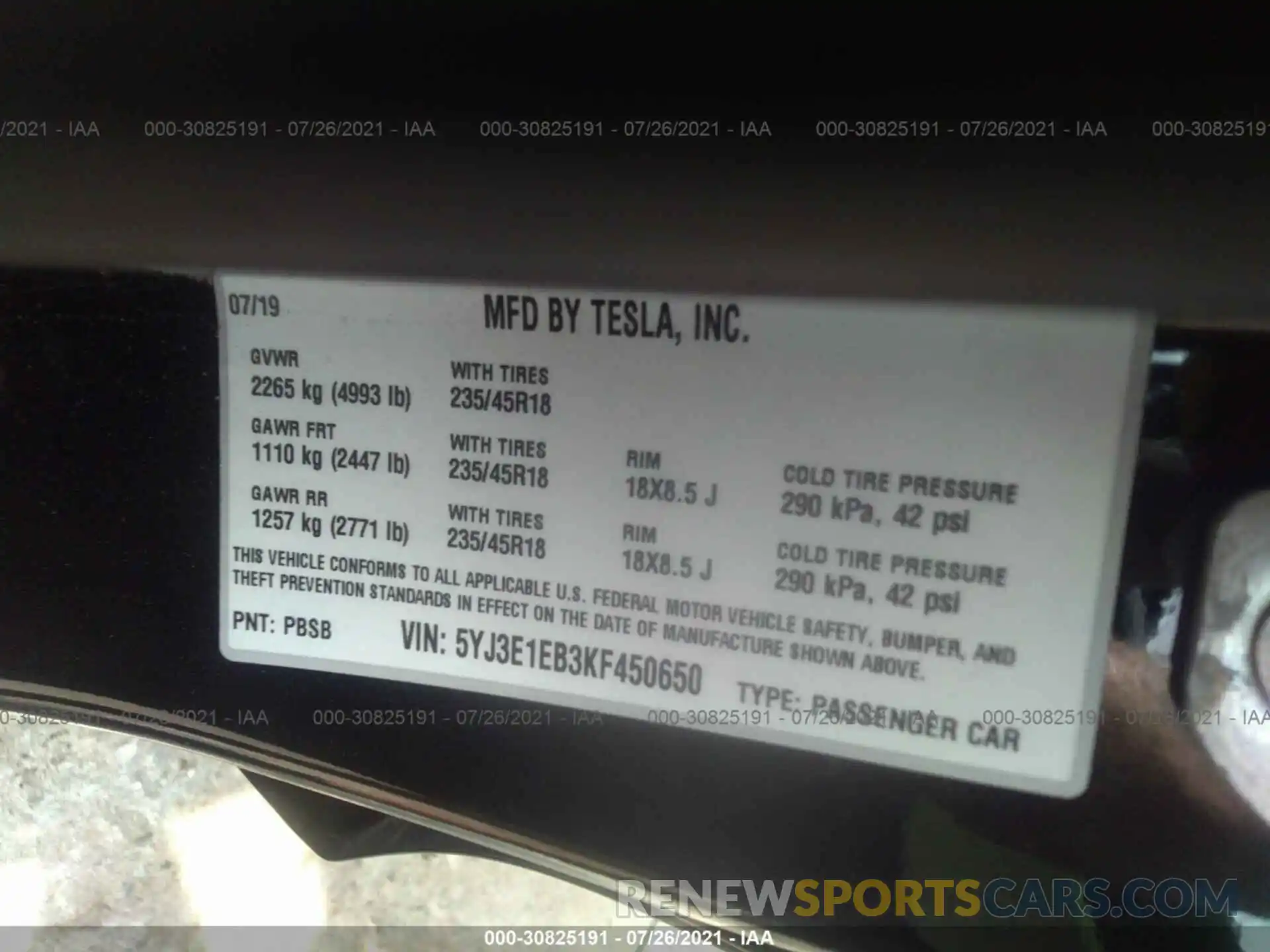 9 Photograph of a damaged car 5YJ3E1EB3KF450650 TESLA MODEL 3 2019