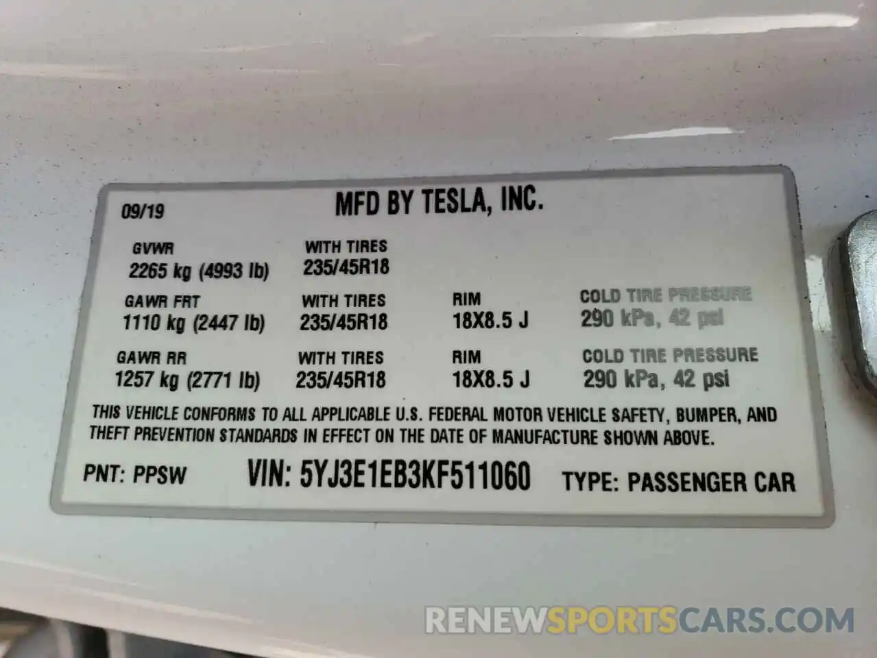 10 Фотография поврежденного автомобиля 5YJ3E1EB3KF511060 TESLA MODEL 3 2019