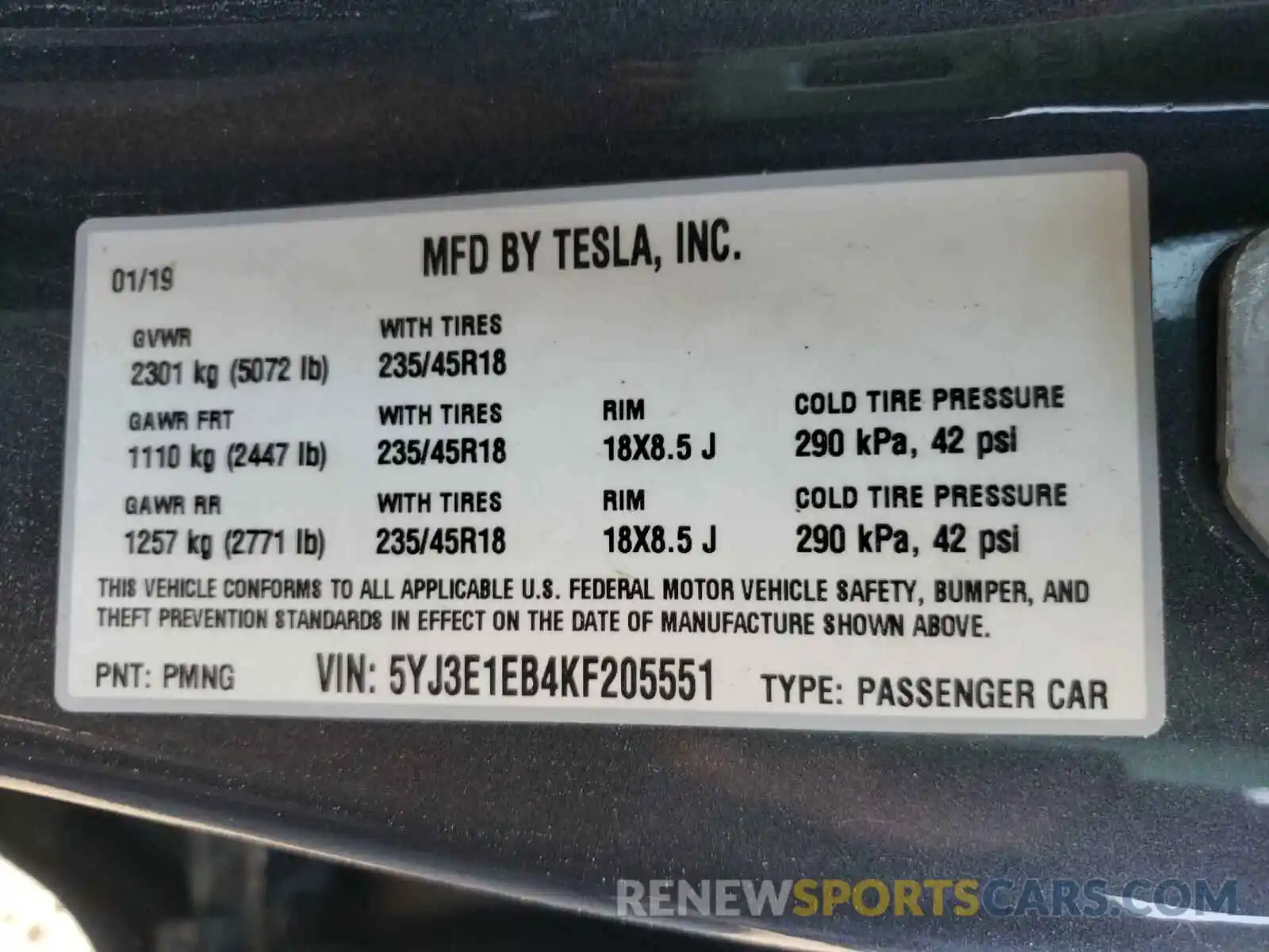 10 Photograph of a damaged car 5YJ3E1EB4KF205551 TESLA MODEL 3 2019