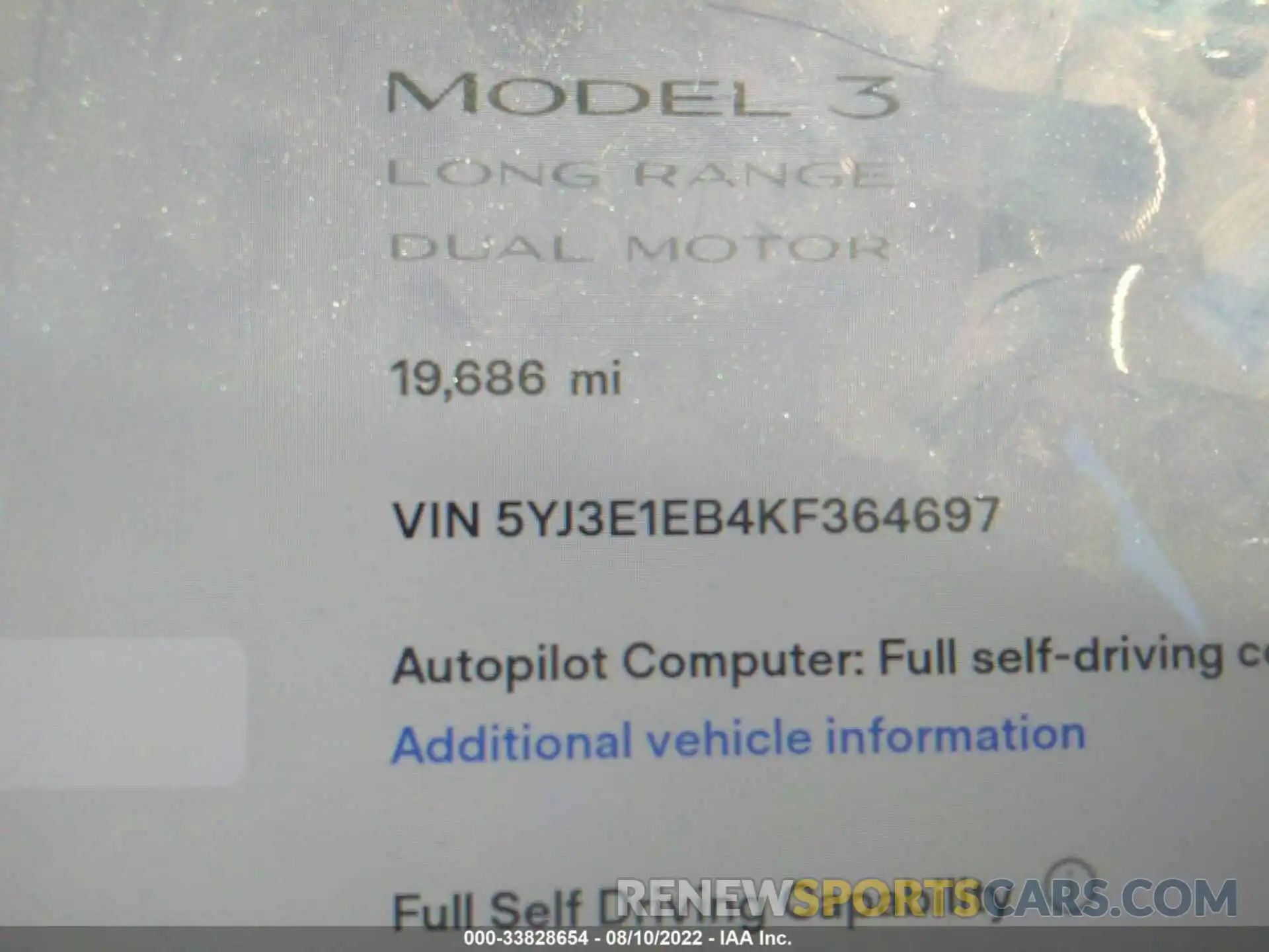 7 Фотография поврежденного автомобиля 5YJ3E1EB4KF364697 TESLA MODEL 3 2019