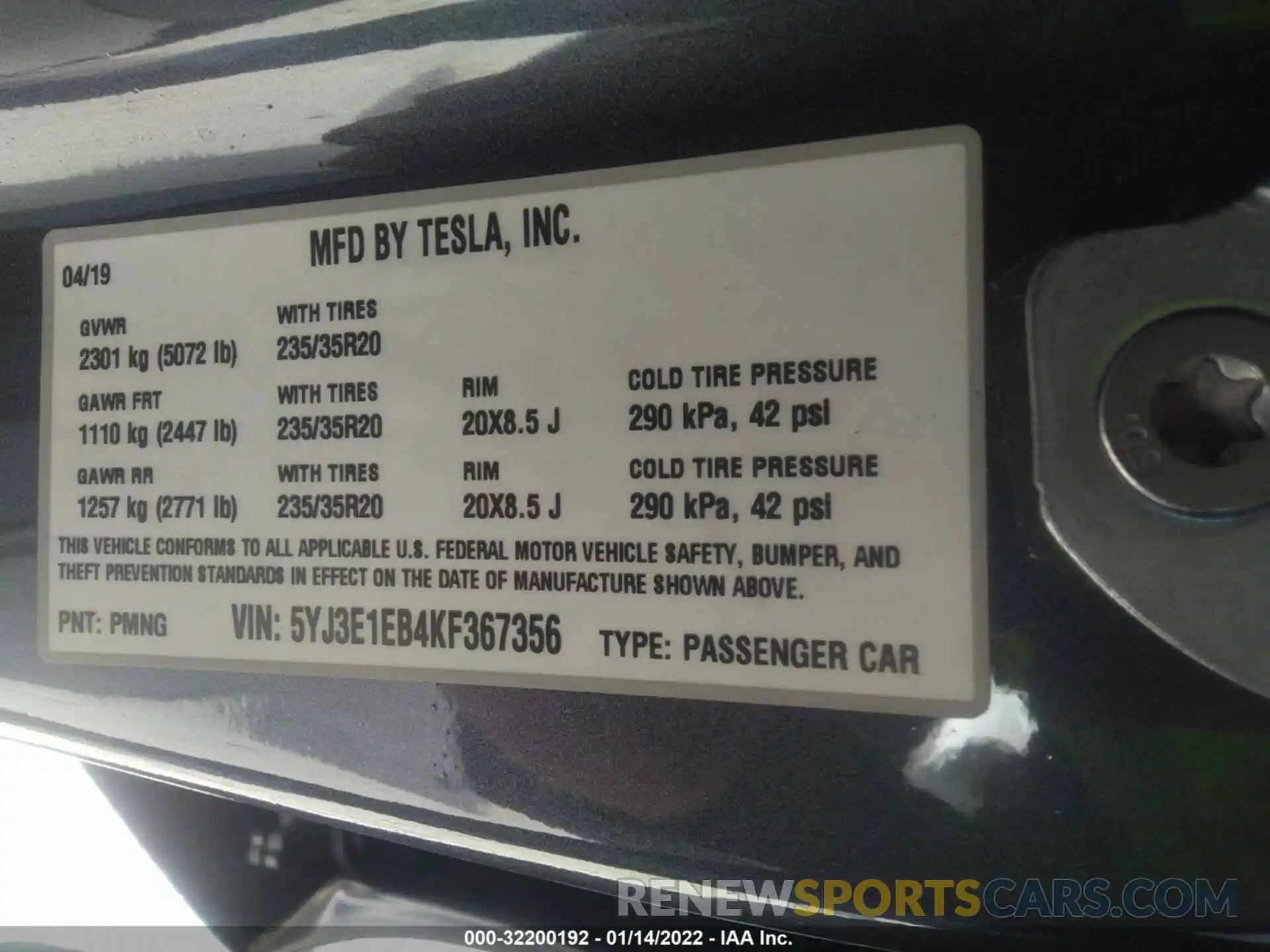 9 Фотография поврежденного автомобиля 5YJ3E1EB4KF367356 TESLA MODEL 3 2019