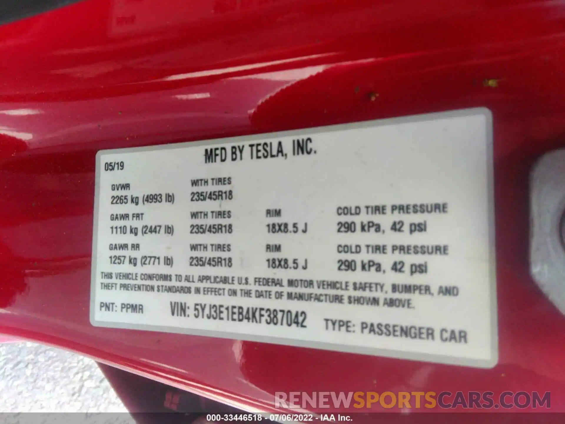 9 Фотография поврежденного автомобиля 5YJ3E1EB4KF387042 TESLA MODEL 3 2019