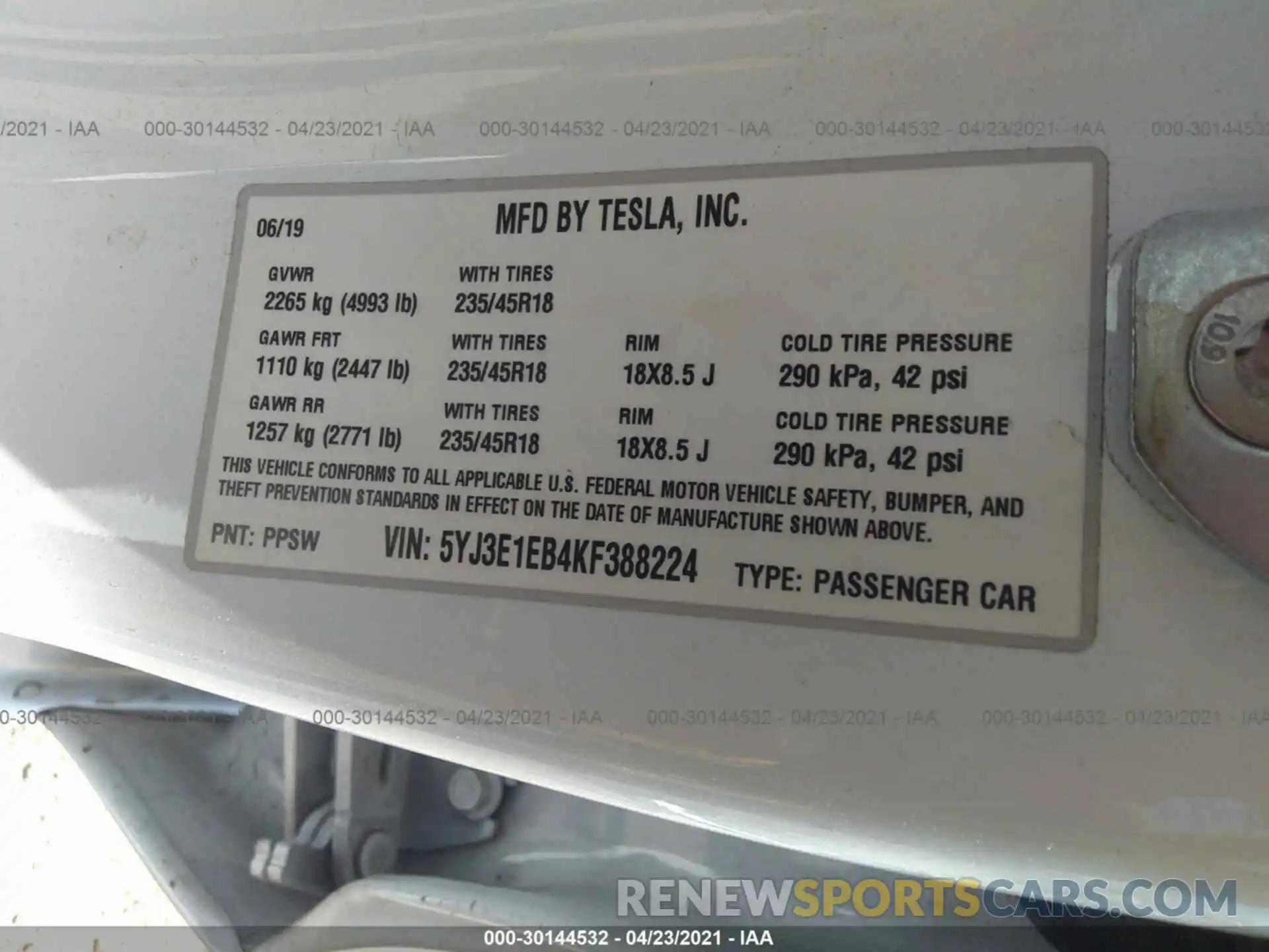 9 Photograph of a damaged car 5YJ3E1EB4KF388224 TESLA MODEL 3 2019