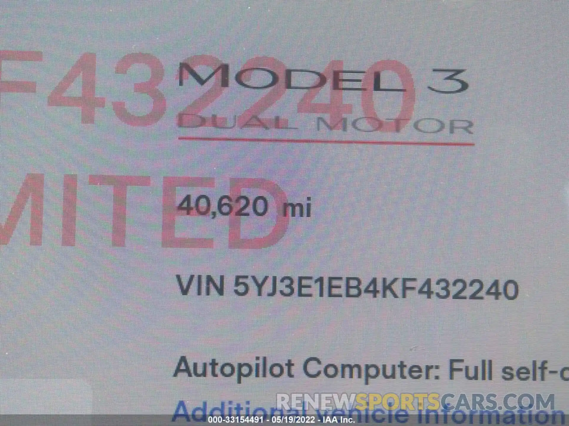 7 Фотография поврежденного автомобиля 5YJ3E1EB4KF432240 TESLA MODEL 3 2019