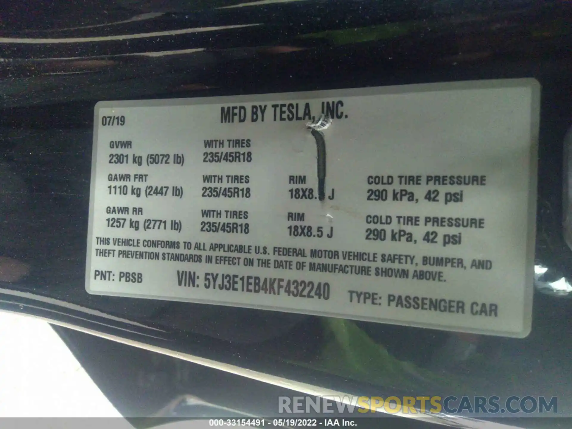 9 Photograph of a damaged car 5YJ3E1EB4KF432240 TESLA MODEL 3 2019