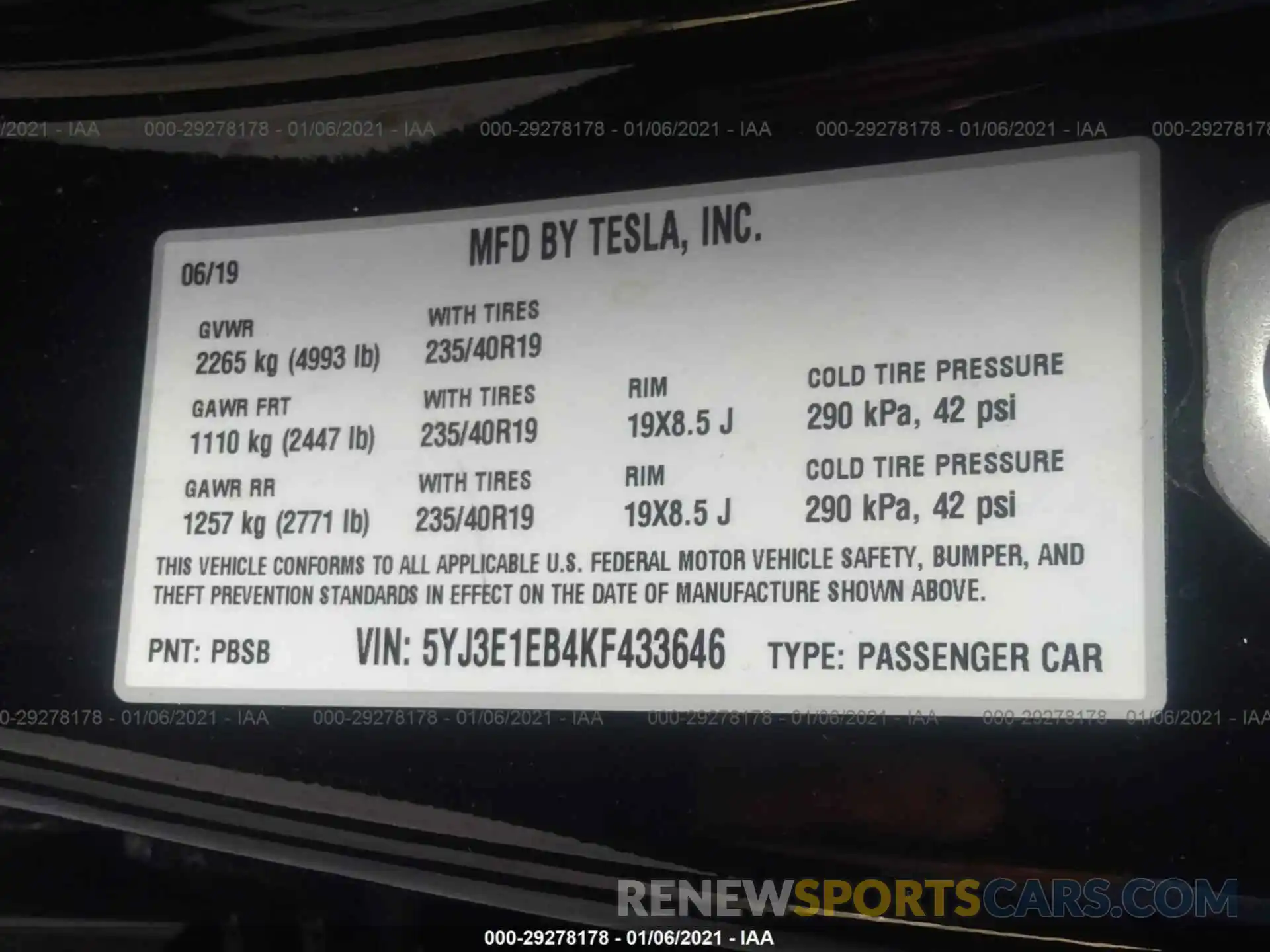 9 Фотография поврежденного автомобиля 5YJ3E1EB4KF433646 TESLA MODEL 3 2019