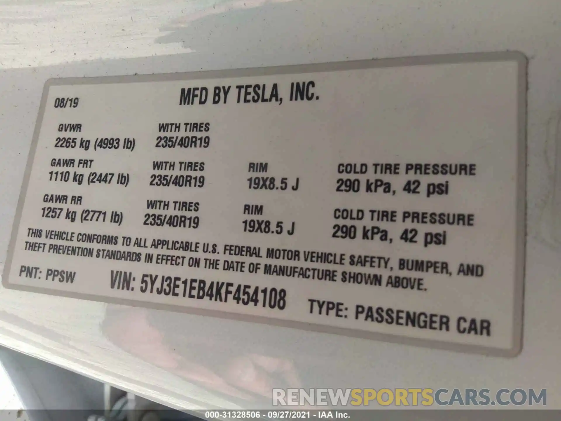 9 Photograph of a damaged car 5YJ3E1EB4KF454108 TESLA MODEL 3 2019