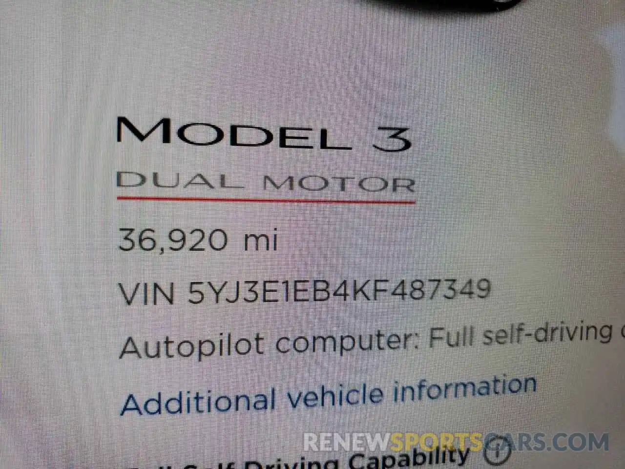 8 Фотография поврежденного автомобиля 5YJ3E1EB4KF487349 TESLA MODEL 3 2019