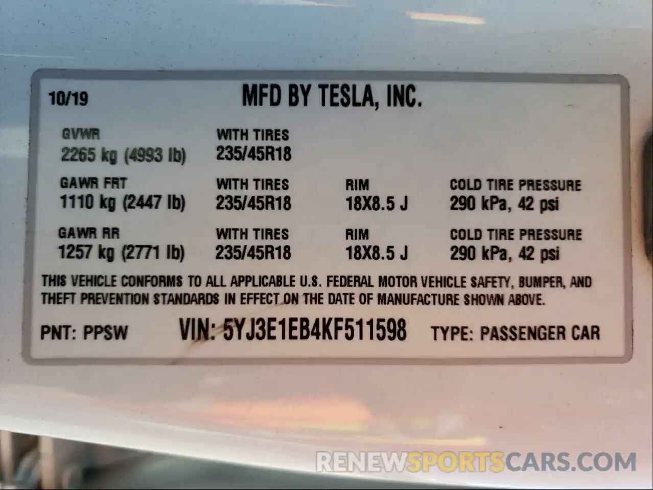 10 Фотография поврежденного автомобиля 5YJ3E1EB4KF511598 TESLA MODEL 3 2019