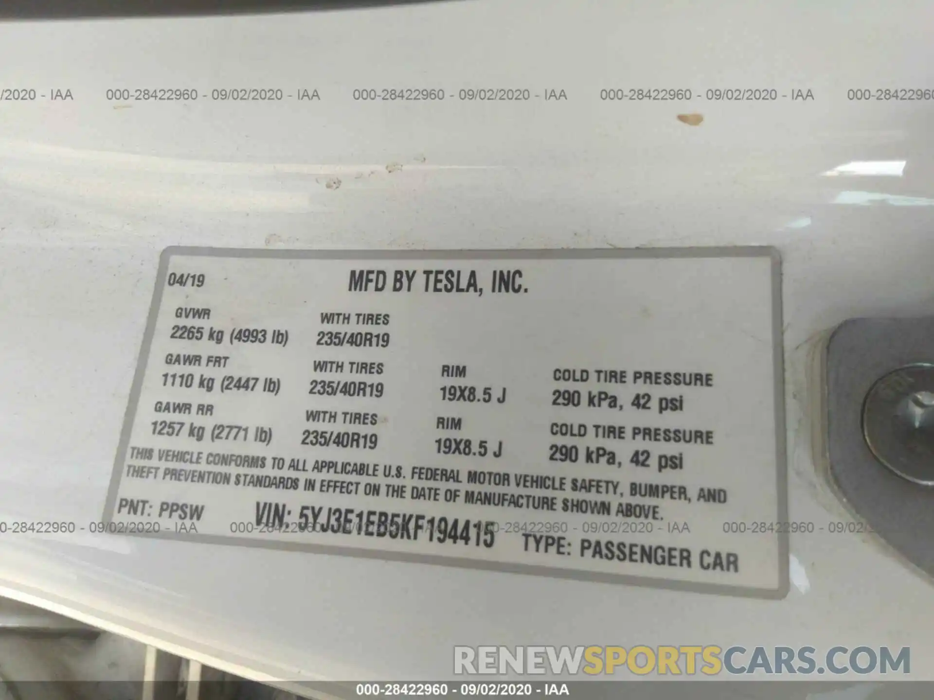 9 Photograph of a damaged car 5YJ3E1EB5KF194415 TESLA MODEL 3 2019