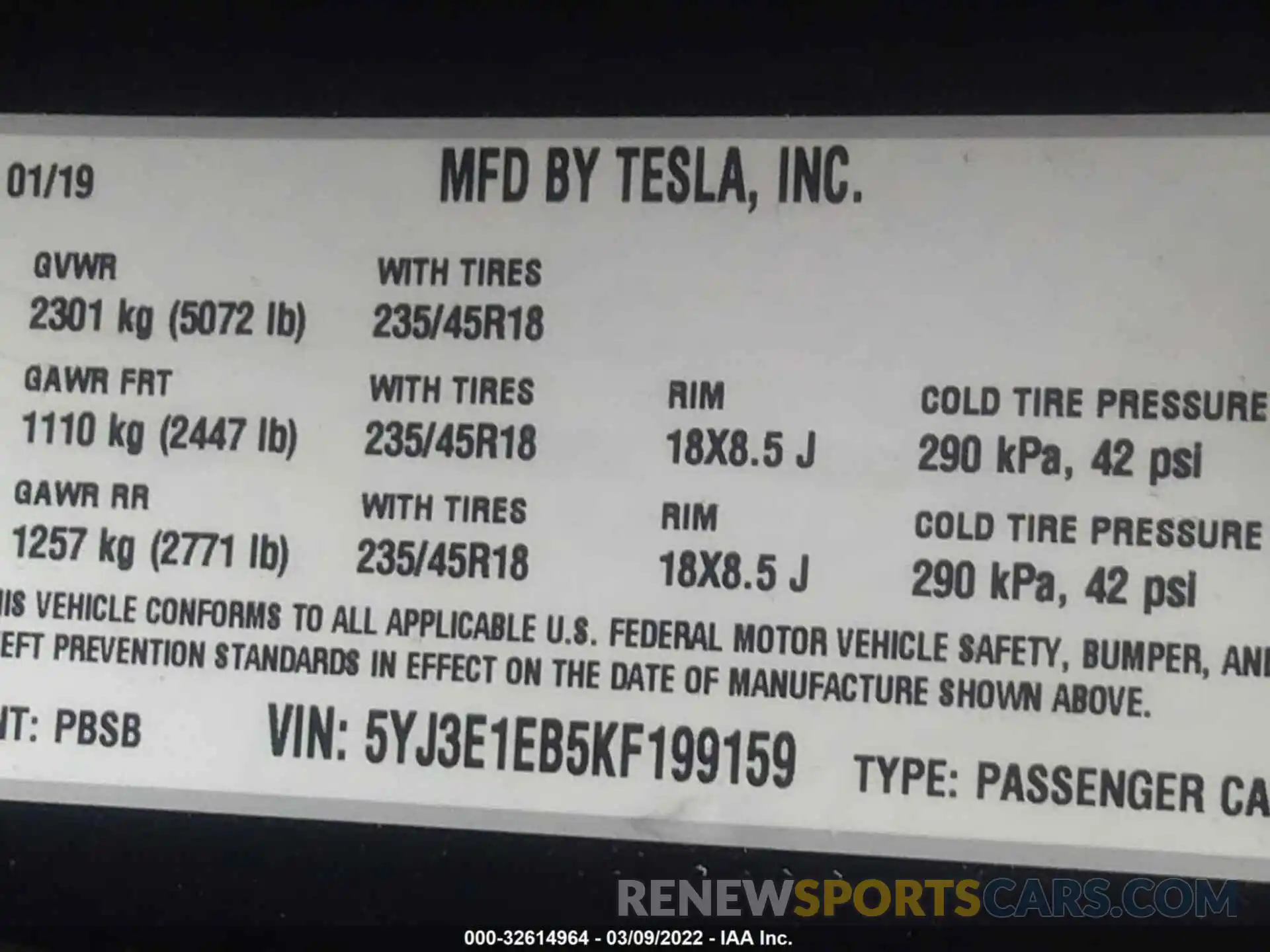 9 Photograph of a damaged car 5YJ3E1EB5KF199159 TESLA MODEL 3 2019