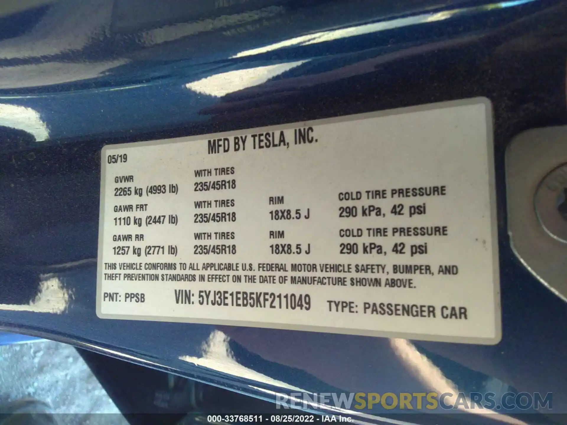 9 Photograph of a damaged car 5YJ3E1EB5KF211049 TESLA MODEL 3 2019