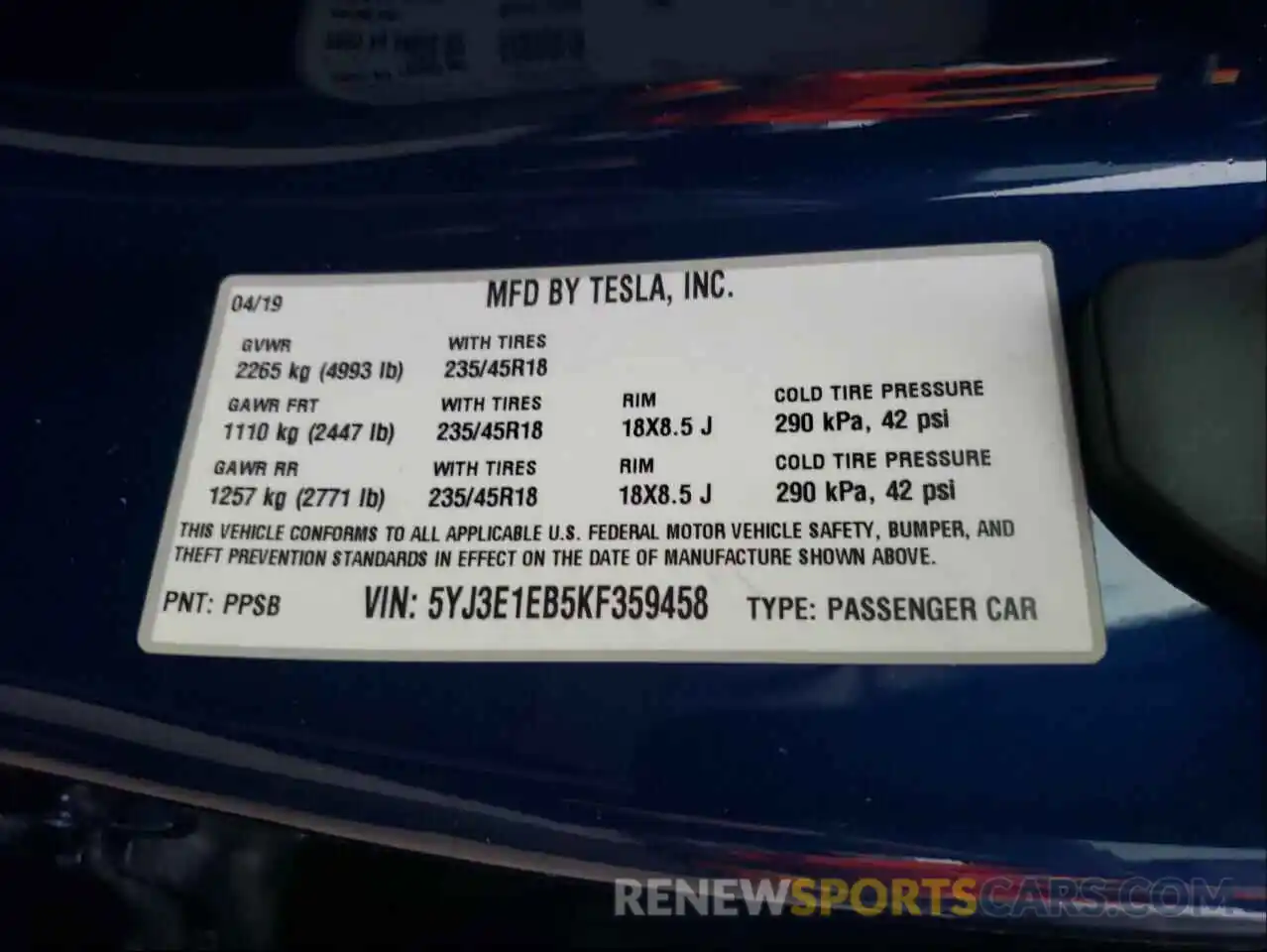 10 Photograph of a damaged car 5YJ3E1EB5KF359458 TESLA MODEL 3 2019