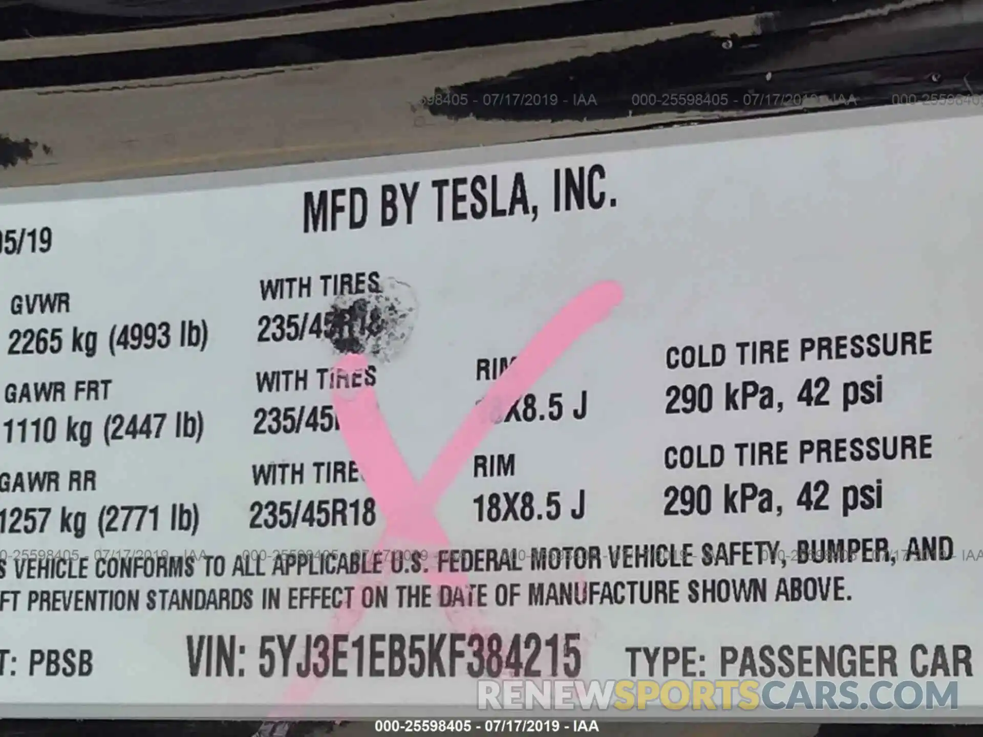 9 Photograph of a damaged car 5YJ3E1EB5KF384215 TESLA MODEL 3 2019