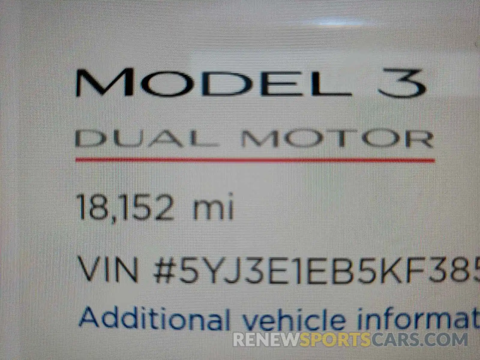 8 Photograph of a damaged car 5YJ3E1EB5KF385588 TESLA MODEL 3 2019