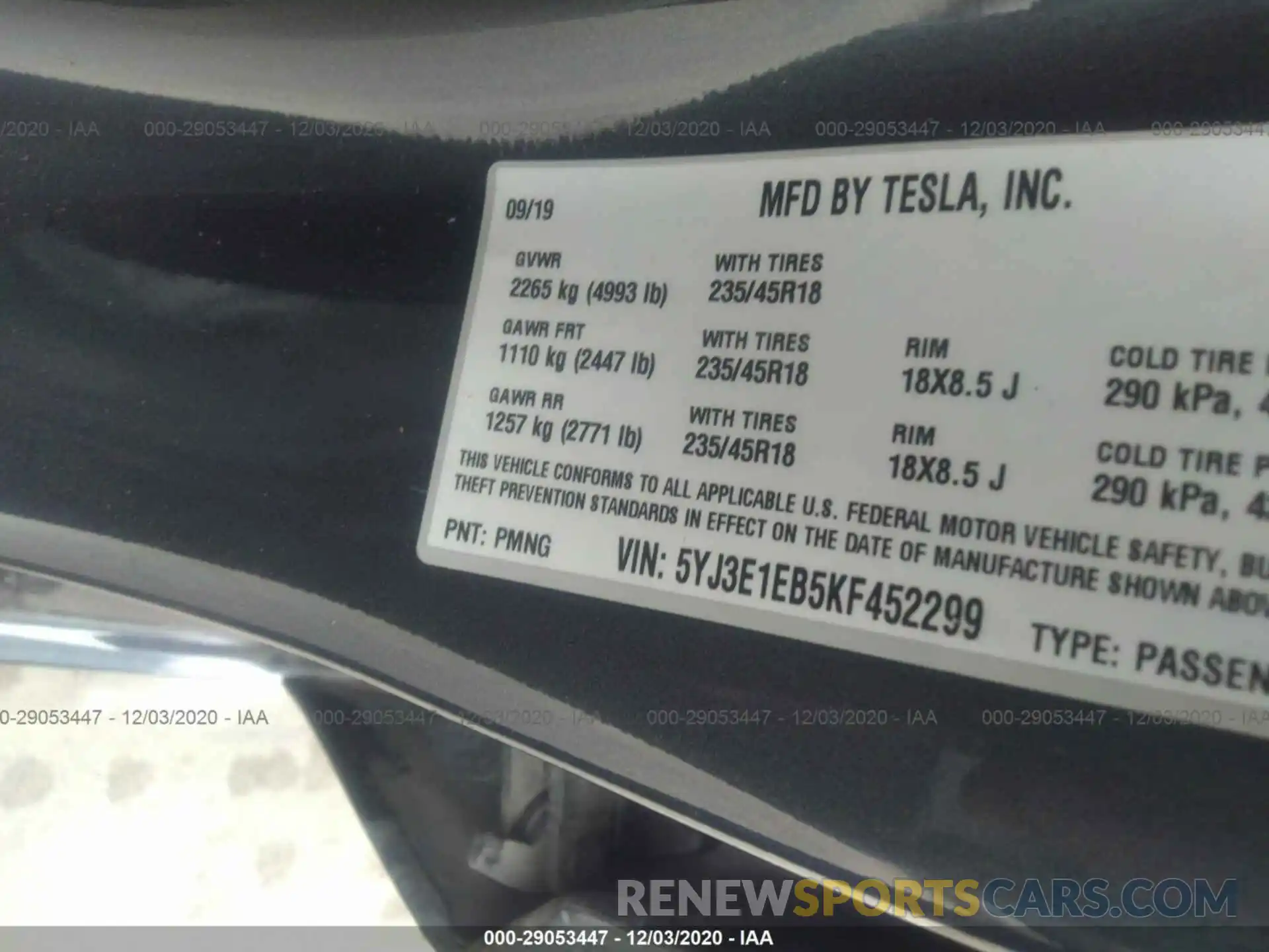 9 Photograph of a damaged car 5YJ3E1EB5KF452299 TESLA MODEL 3 2019