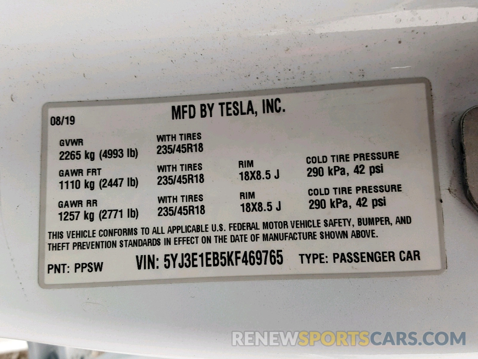 10 Фотография поврежденного автомобиля 5YJ3E1EB5KF469765 TESLA MODEL 3 2019