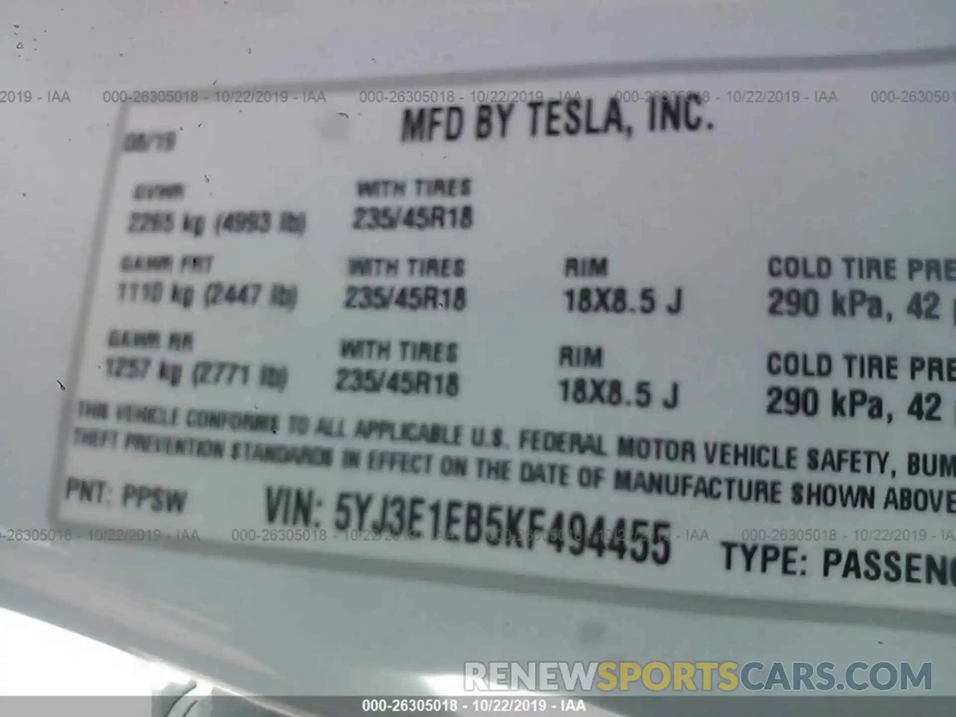 9 Photograph of a damaged car 5YJ3E1EB5KF494455 TESLA MODEL 3 2019