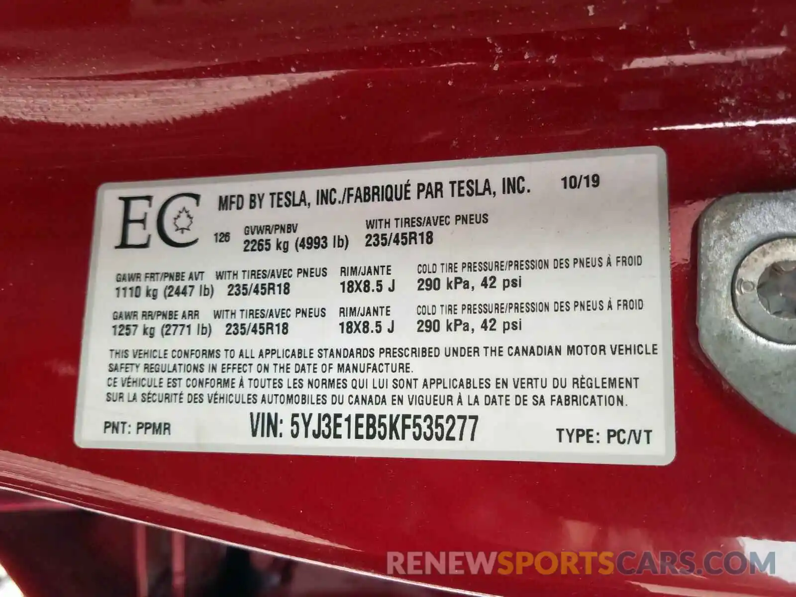 10 Photograph of a damaged car 5YJ3E1EB5KF535277 TESLA MODEL 3 2019