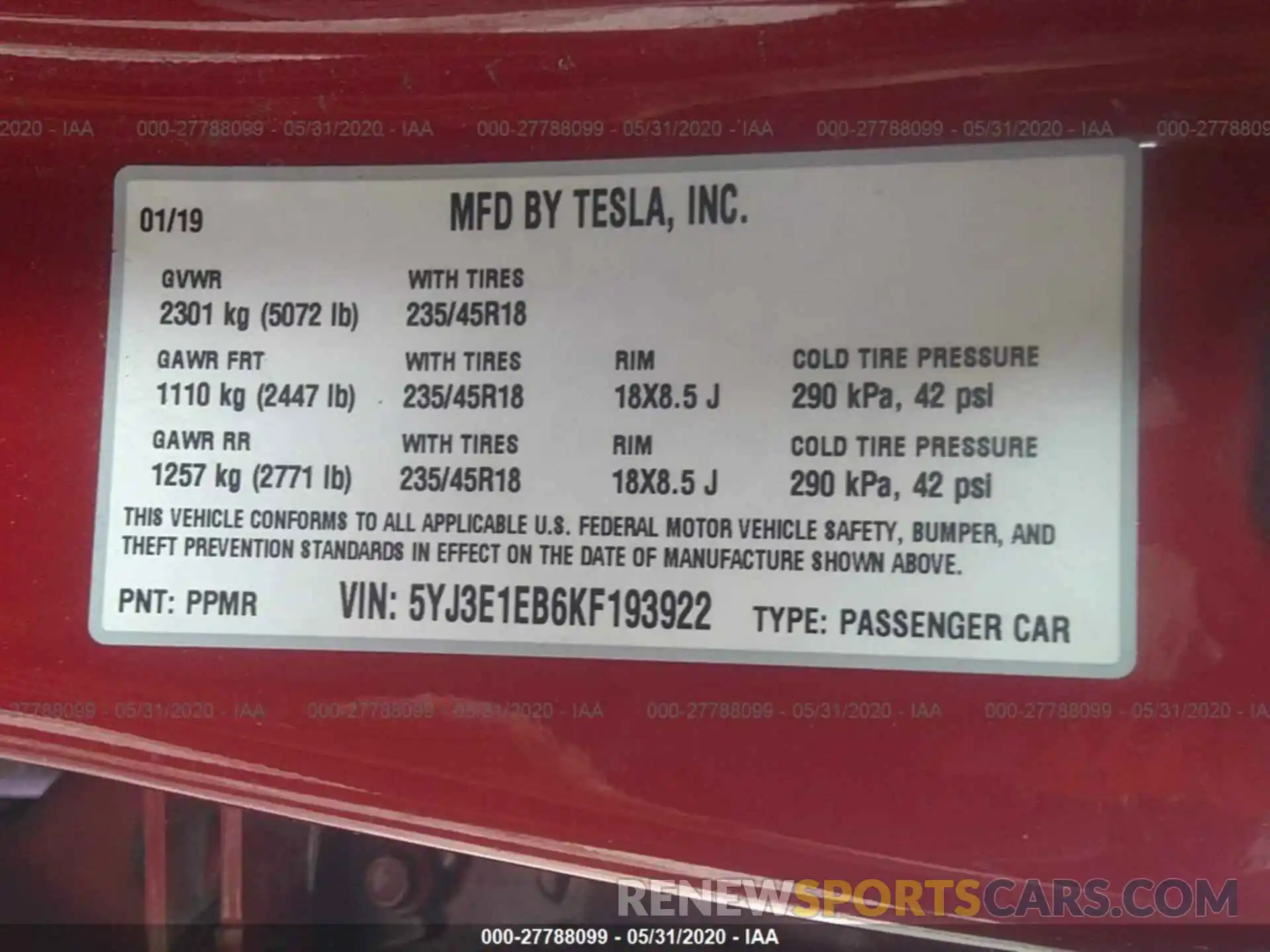 9 Фотография поврежденного автомобиля 5YJ3E1EB6KF193922 TESLA MODEL 3 2019