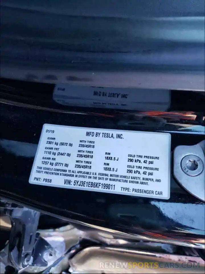 10 Photograph of a damaged car 5YJ3E1EB6KF199011 TESLA MODEL 3 2019