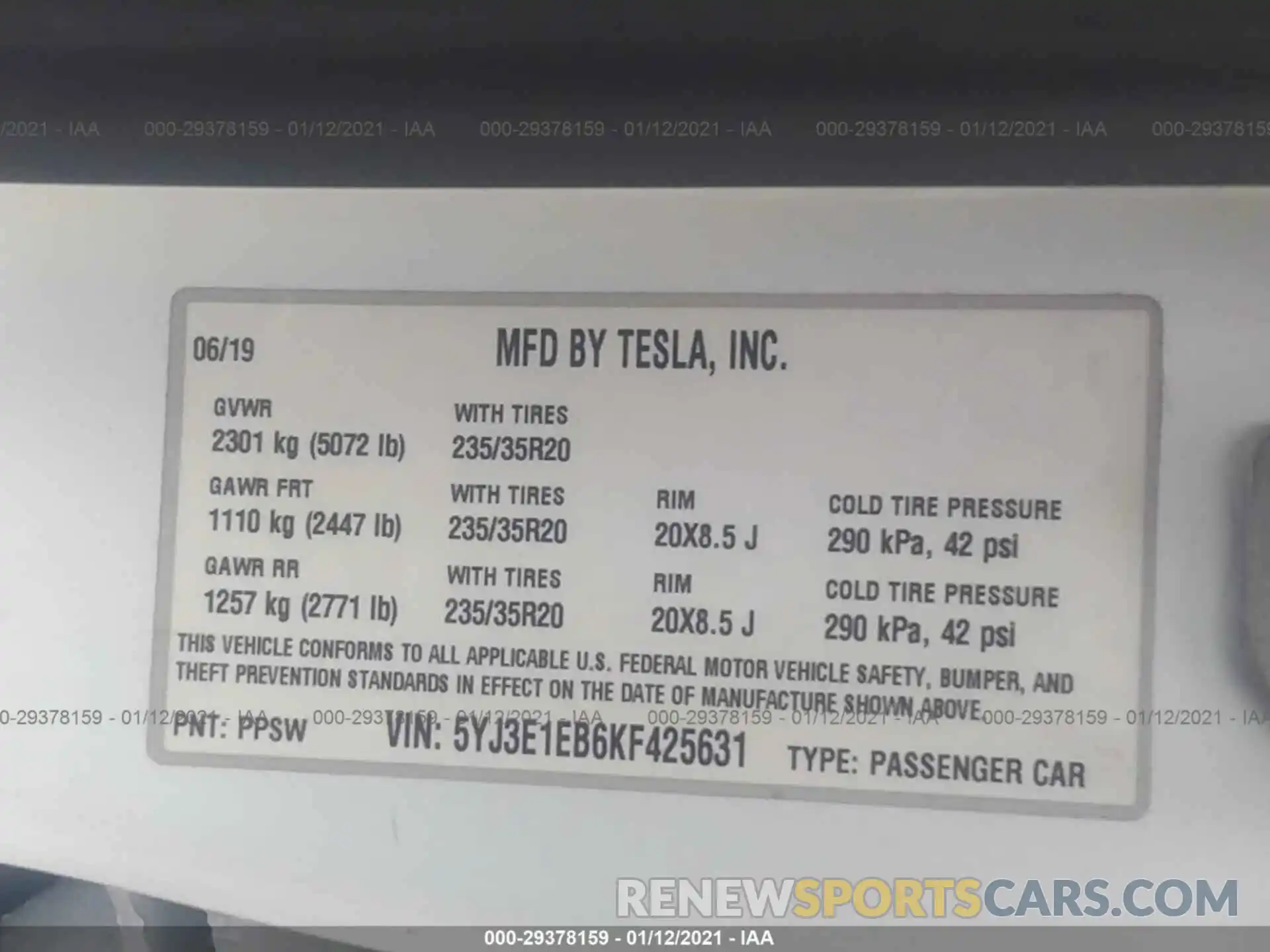 9 Photograph of a damaged car 5YJ3E1EB6KF425631 TESLA MODEL 3 2019