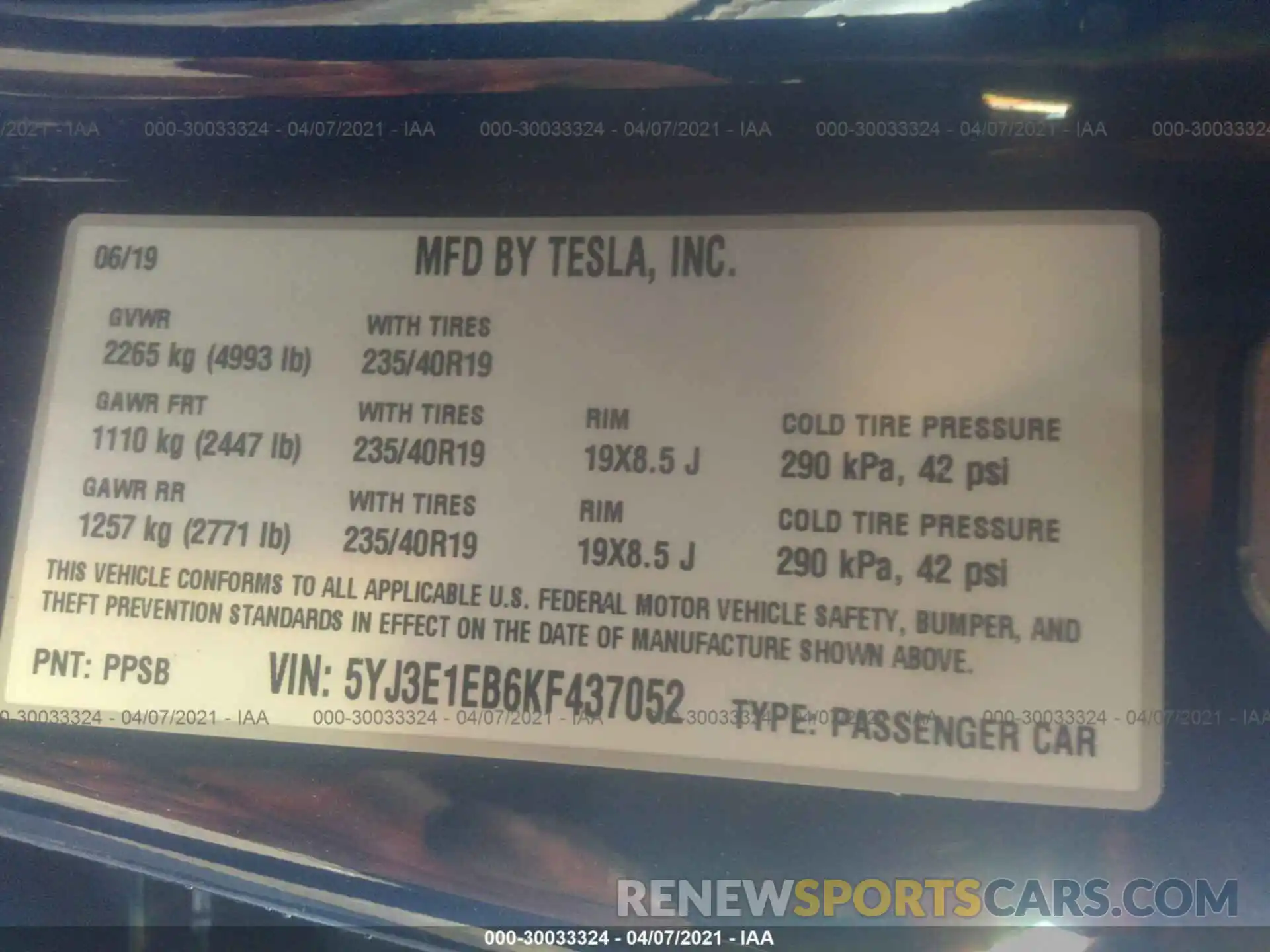 9 Photograph of a damaged car 5YJ3E1EB6KF437052 TESLA MODEL 3 2019