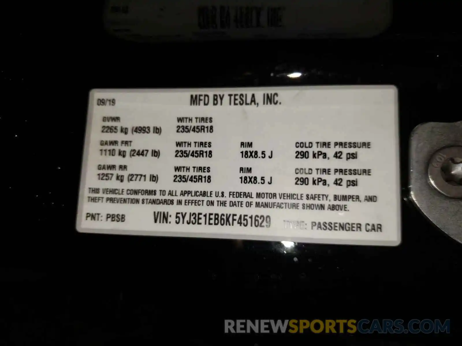 10 Photograph of a damaged car 5YJ3E1EB6KF451629 TESLA MODEL 3 2019