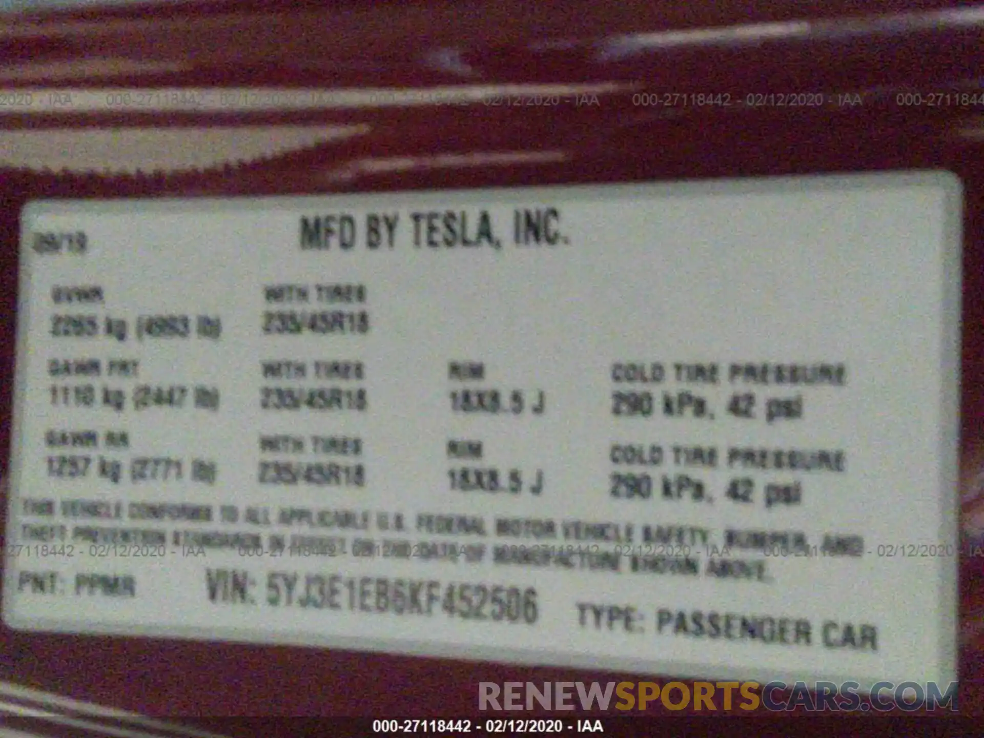 9 Photograph of a damaged car 5YJ3E1EB6KF452506 TESLA MODEL 3 2019