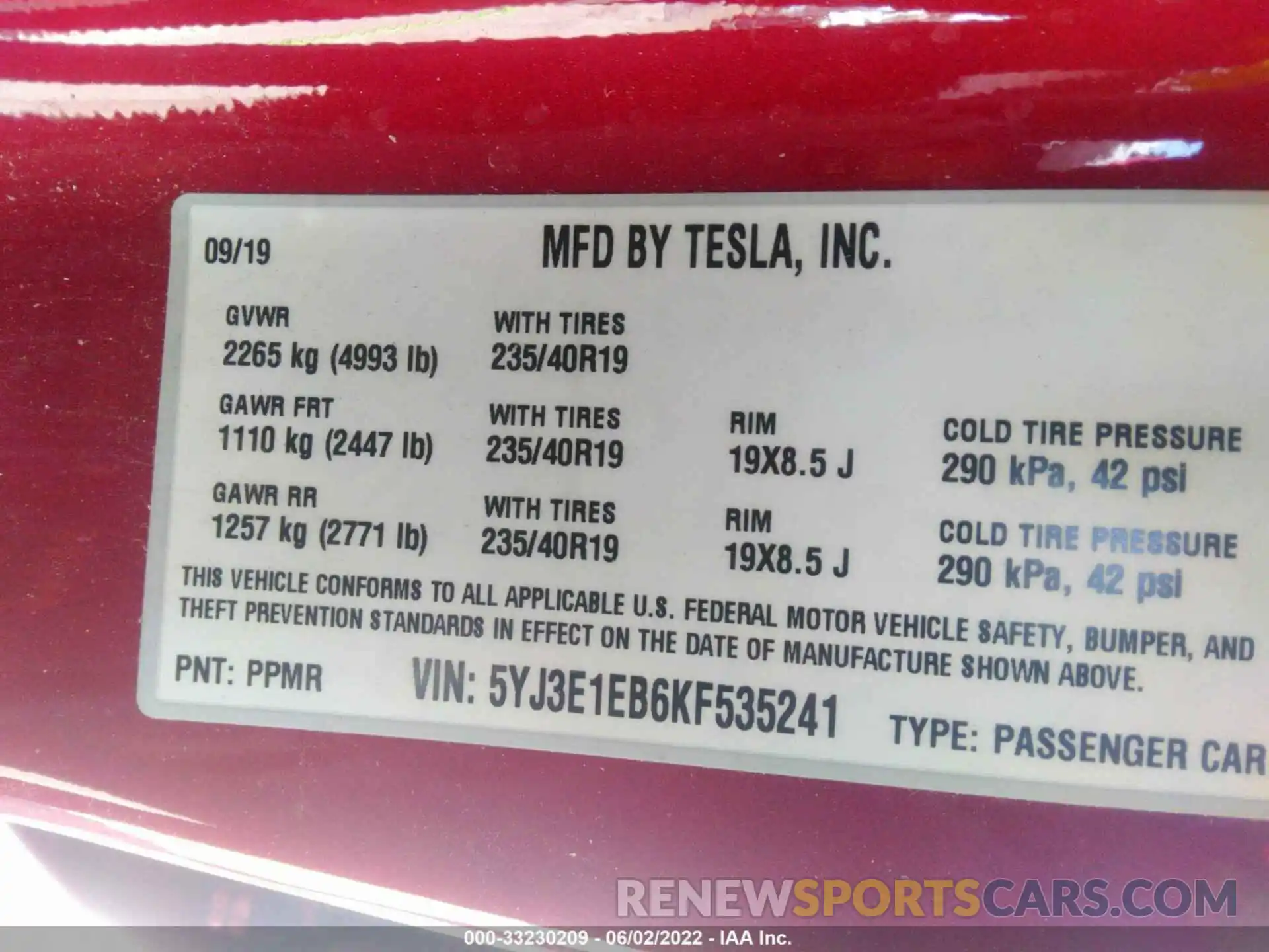 9 Photograph of a damaged car 5YJ3E1EB6KF535241 TESLA MODEL 3 2019