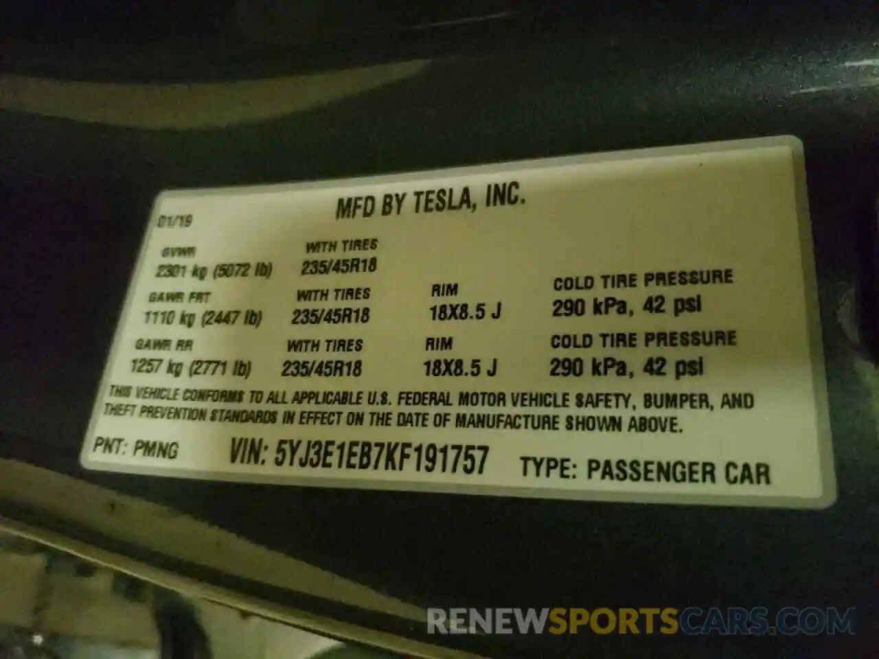 10 Photograph of a damaged car 5YJ3E1EB7KF191757 TESLA MODEL 3 2019