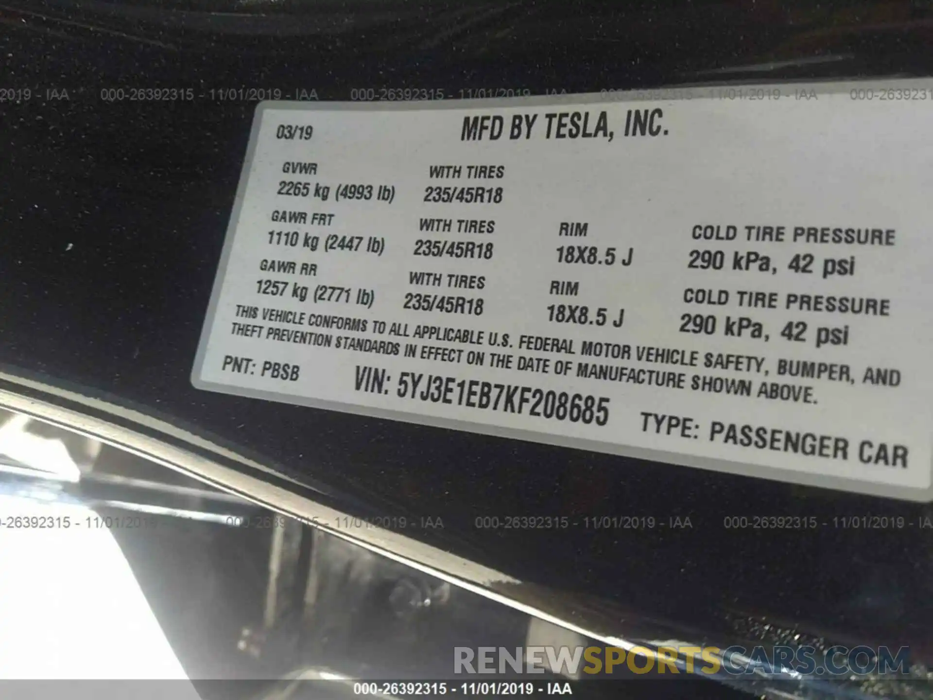 9 Photograph of a damaged car 5YJ3E1EB7KF208685 TESLA MODEL 3 2019