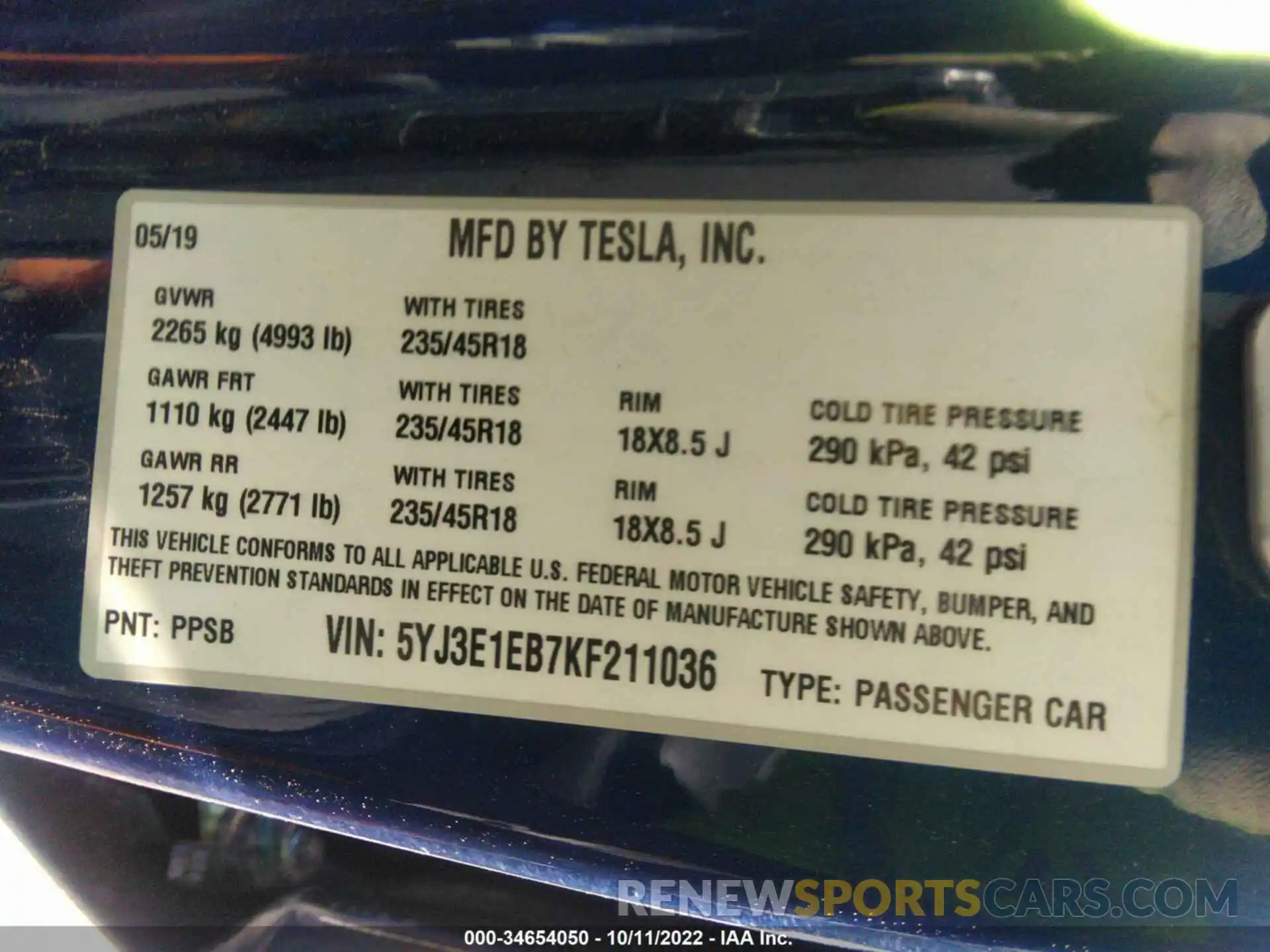 9 Photograph of a damaged car 5YJ3E1EB7KF211036 TESLA MODEL 3 2019