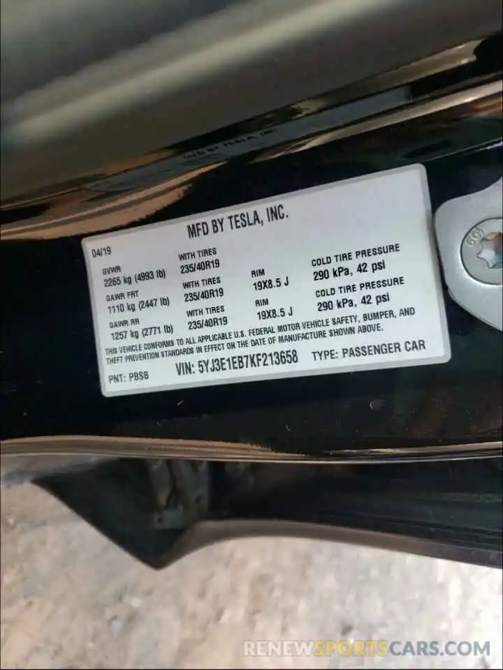 10 Photograph of a damaged car 5YJ3E1EB7KF213658 TESLA MODEL 3 2019