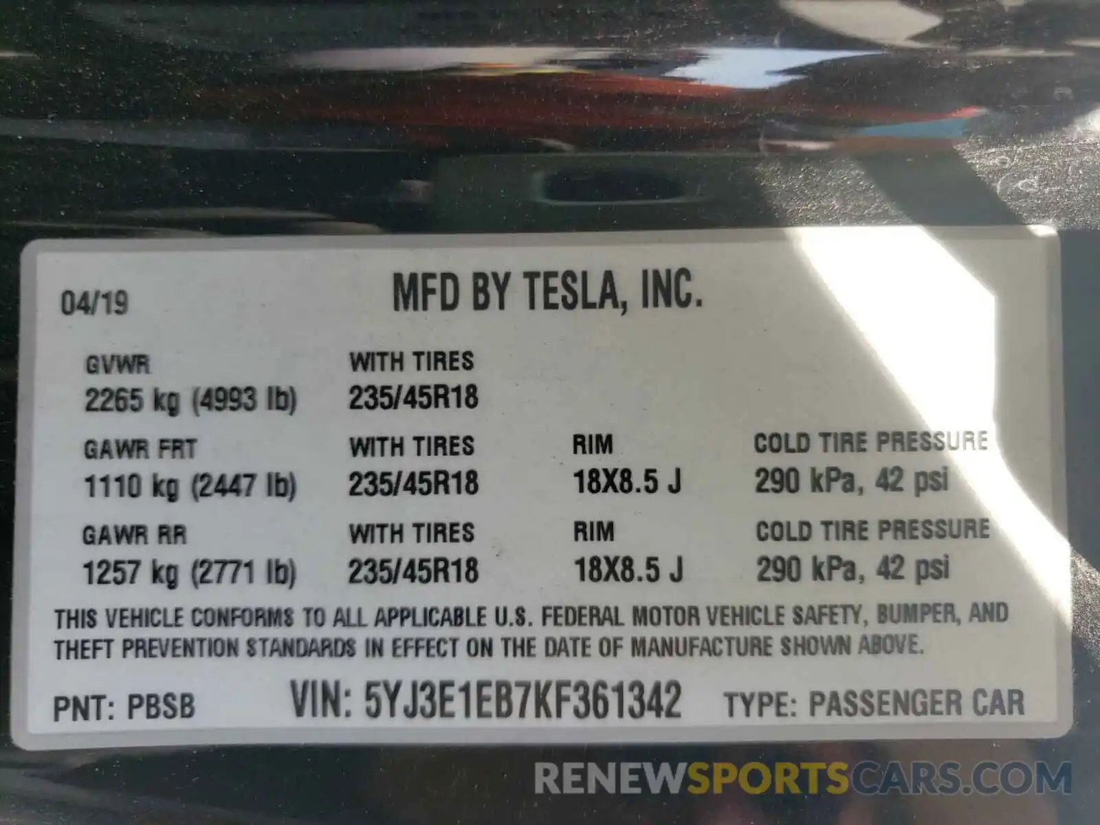 10 Photograph of a damaged car 5YJ3E1EB7KF361342 TESLA MODEL 3 2019