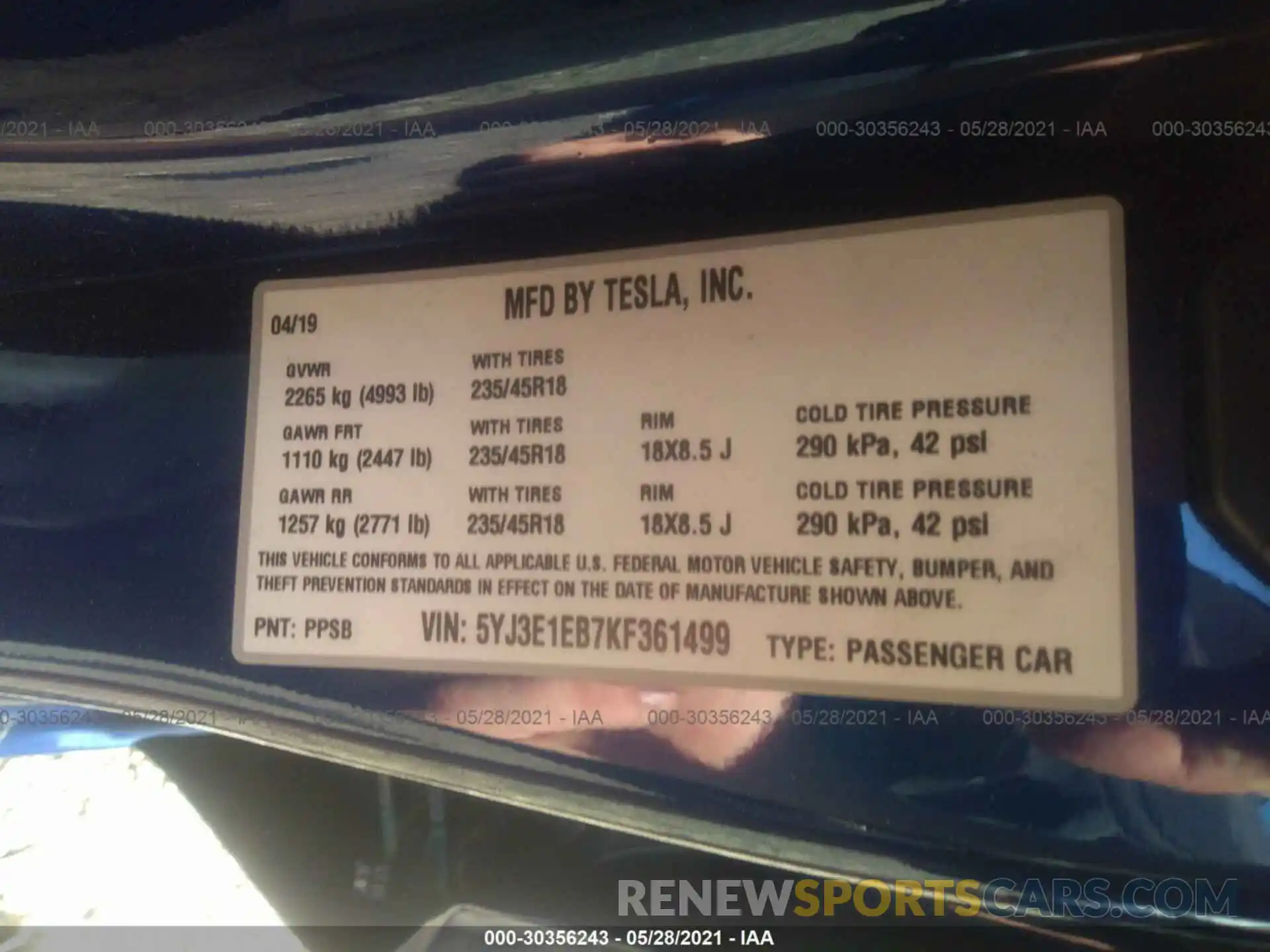 9 Photograph of a damaged car 5YJ3E1EB7KF361499 TESLA MODEL 3 2019