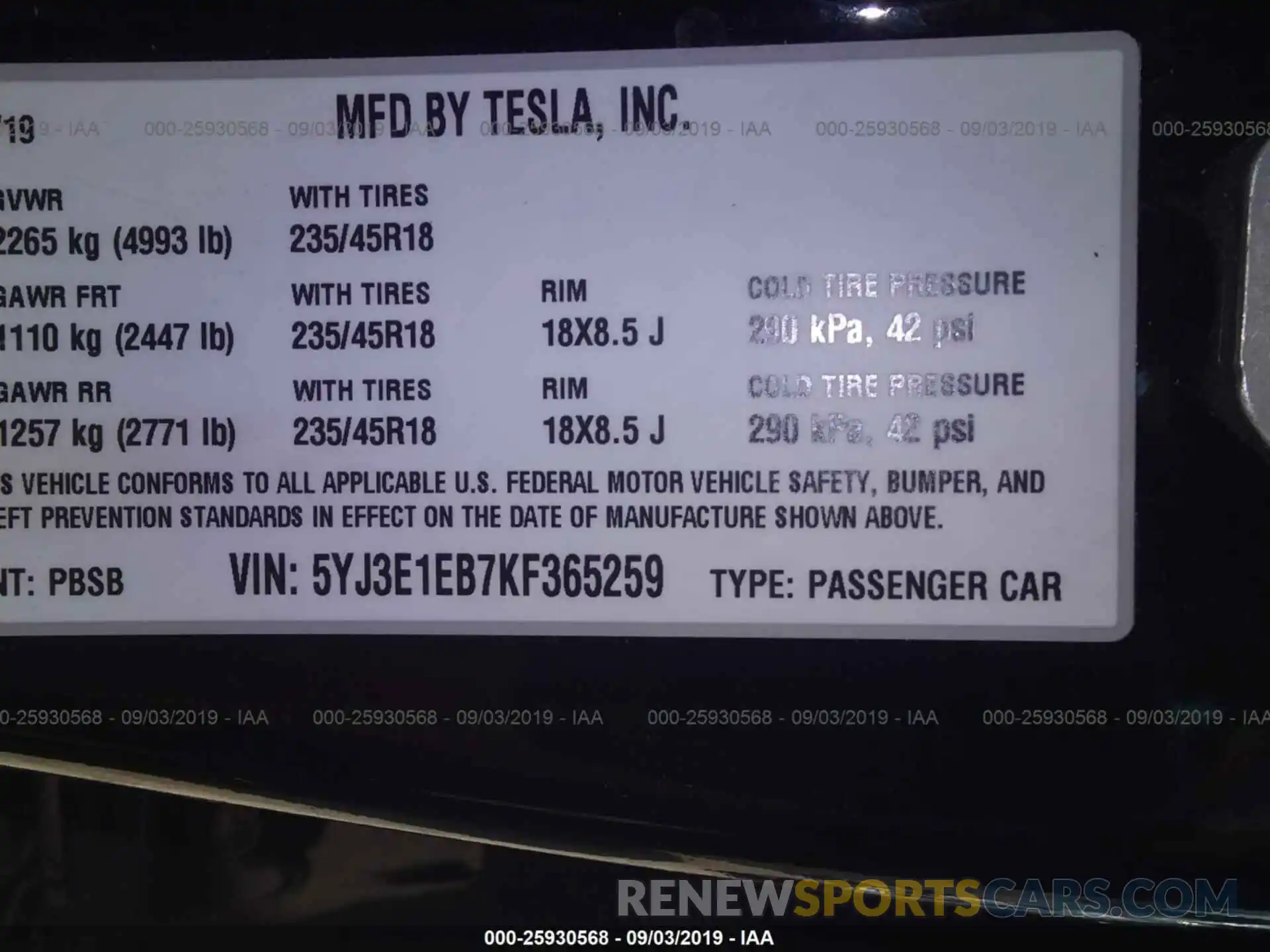 9 Фотография поврежденного автомобиля 5YJ3E1EB7KF365259 TESLA MODEL 3 2019