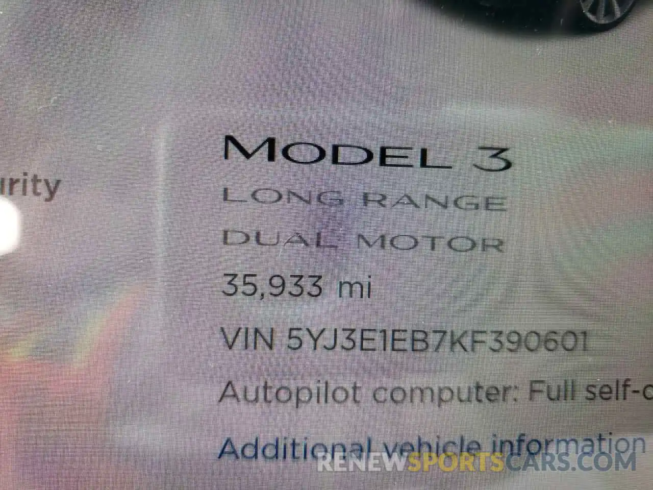 8 Photograph of a damaged car 5YJ3E1EB7KF390601 TESLA MODEL 3 2019