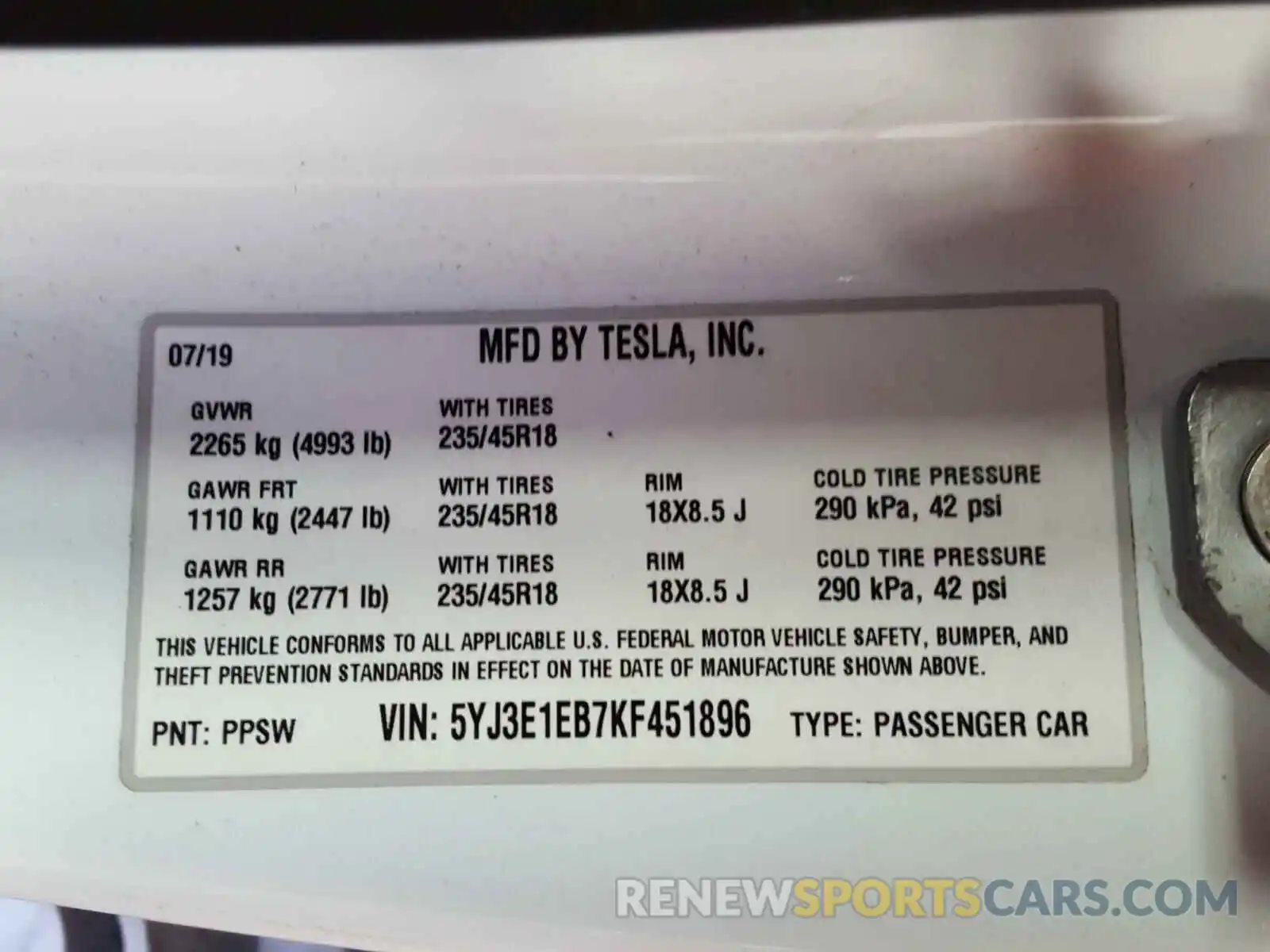 10 Photograph of a damaged car 5YJ3E1EB7KF451896 TESLA MODEL 3 2019