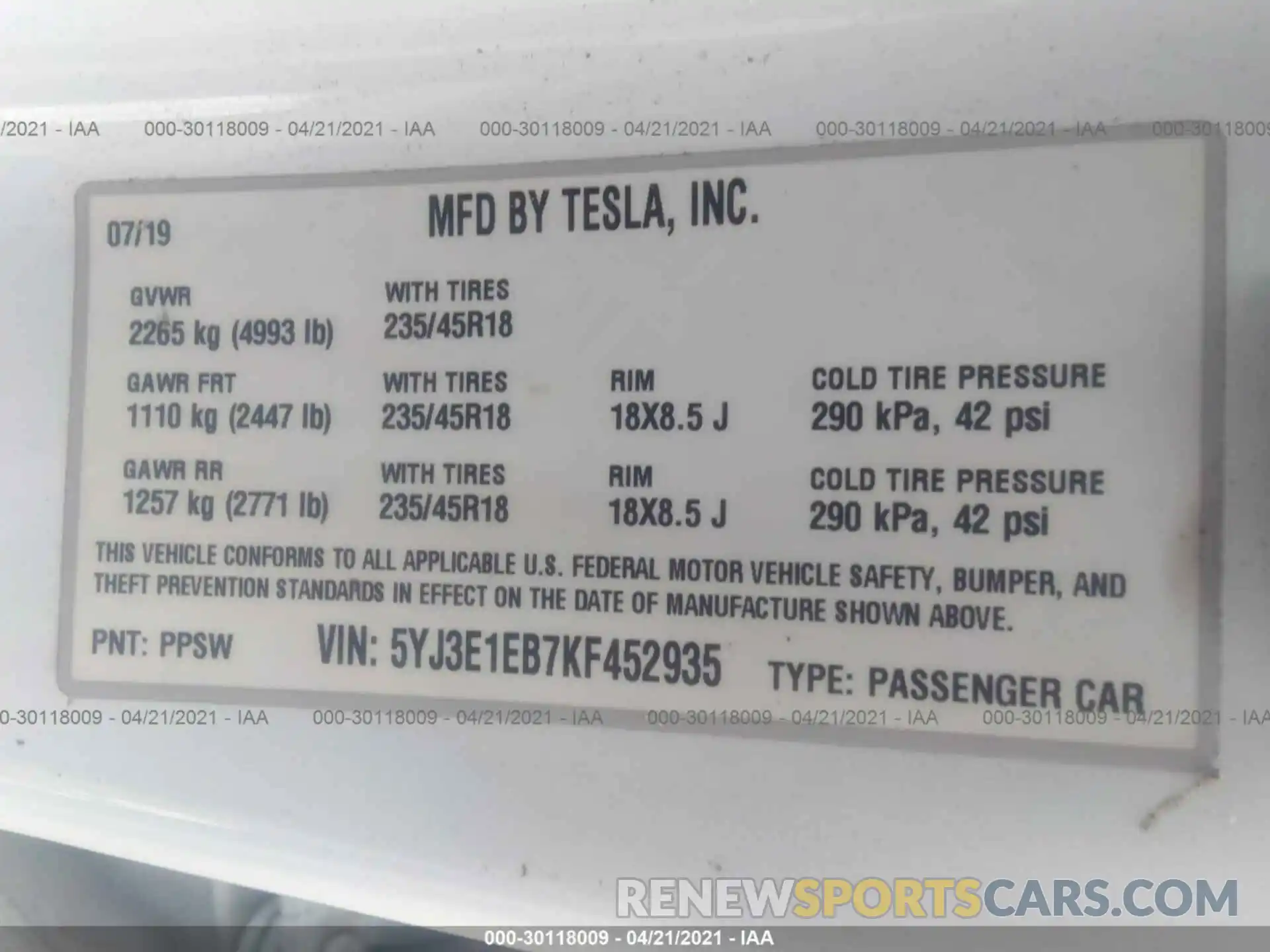 9 Фотография поврежденного автомобиля 5YJ3E1EB7KF452935 TESLA MODEL 3 2019