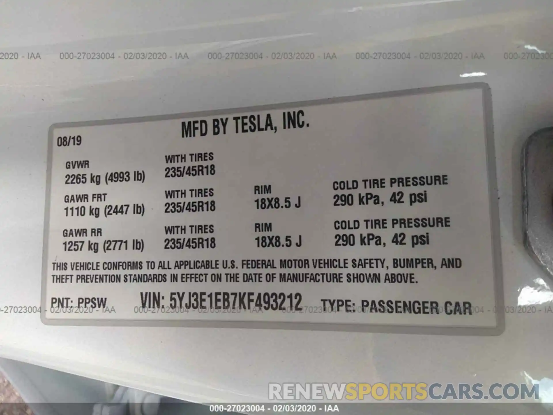 9 Photograph of a damaged car 5YJ3E1EB7KF493212 TESLA MODEL 3 2019