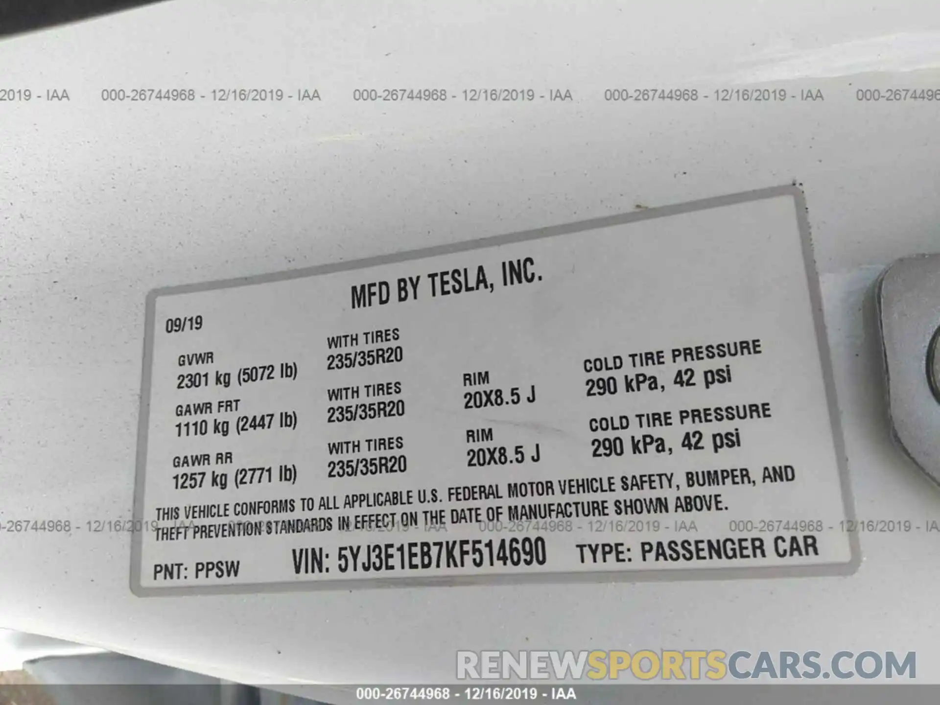 9 Photograph of a damaged car 5YJ3E1EB7KF514690 TESLA MODEL 3 2019