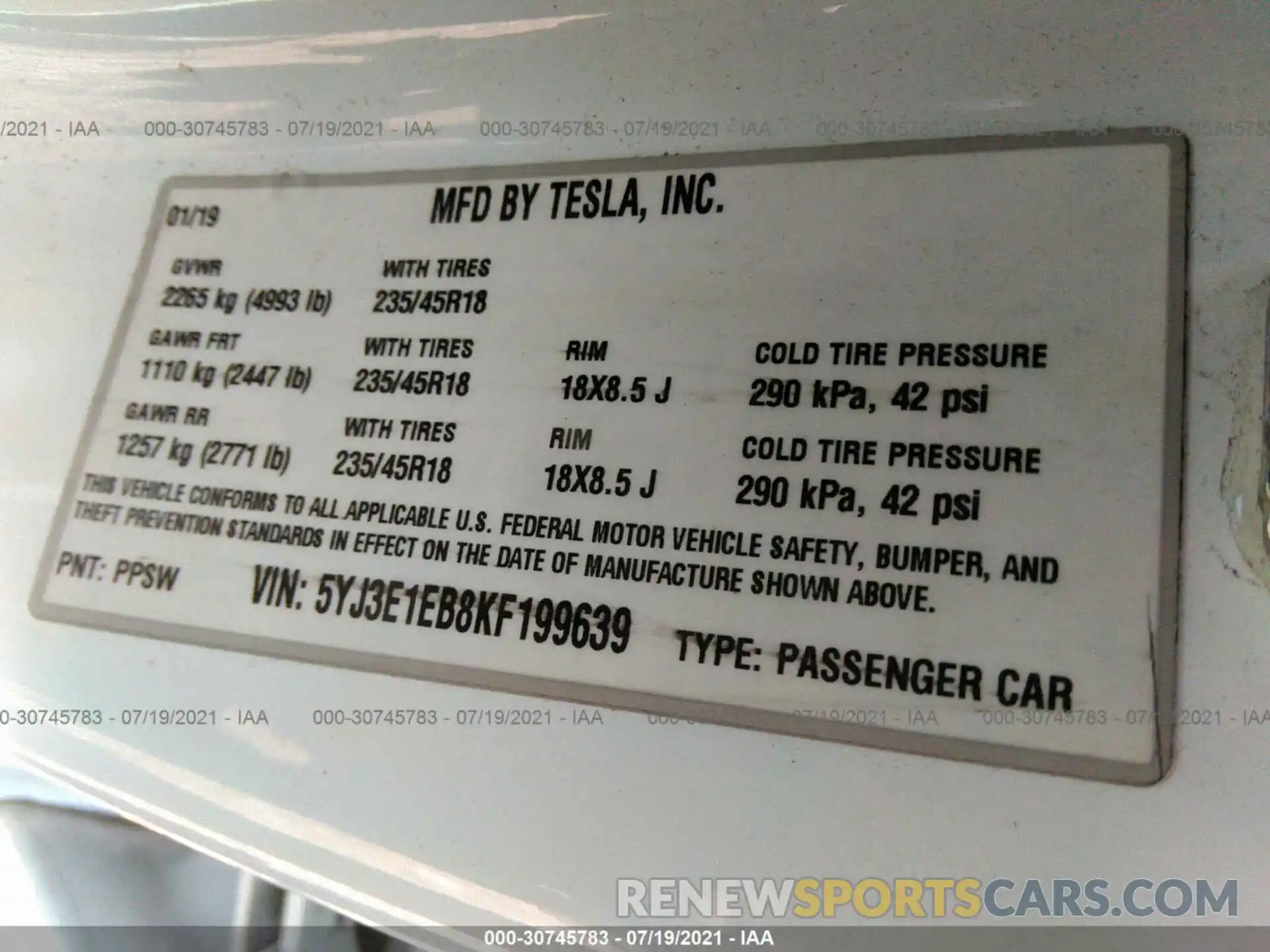 9 Photograph of a damaged car 5YJ3E1EB8KF199639 TESLA MODEL 3 2019